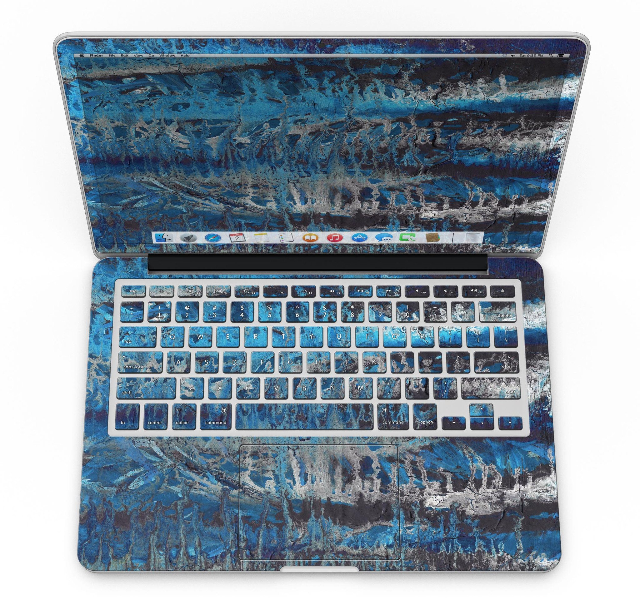 Abstract Wet Paint Blues v8 skin for MacBook Pro with Retina Display, showcasing vibrant colors and artistic design.