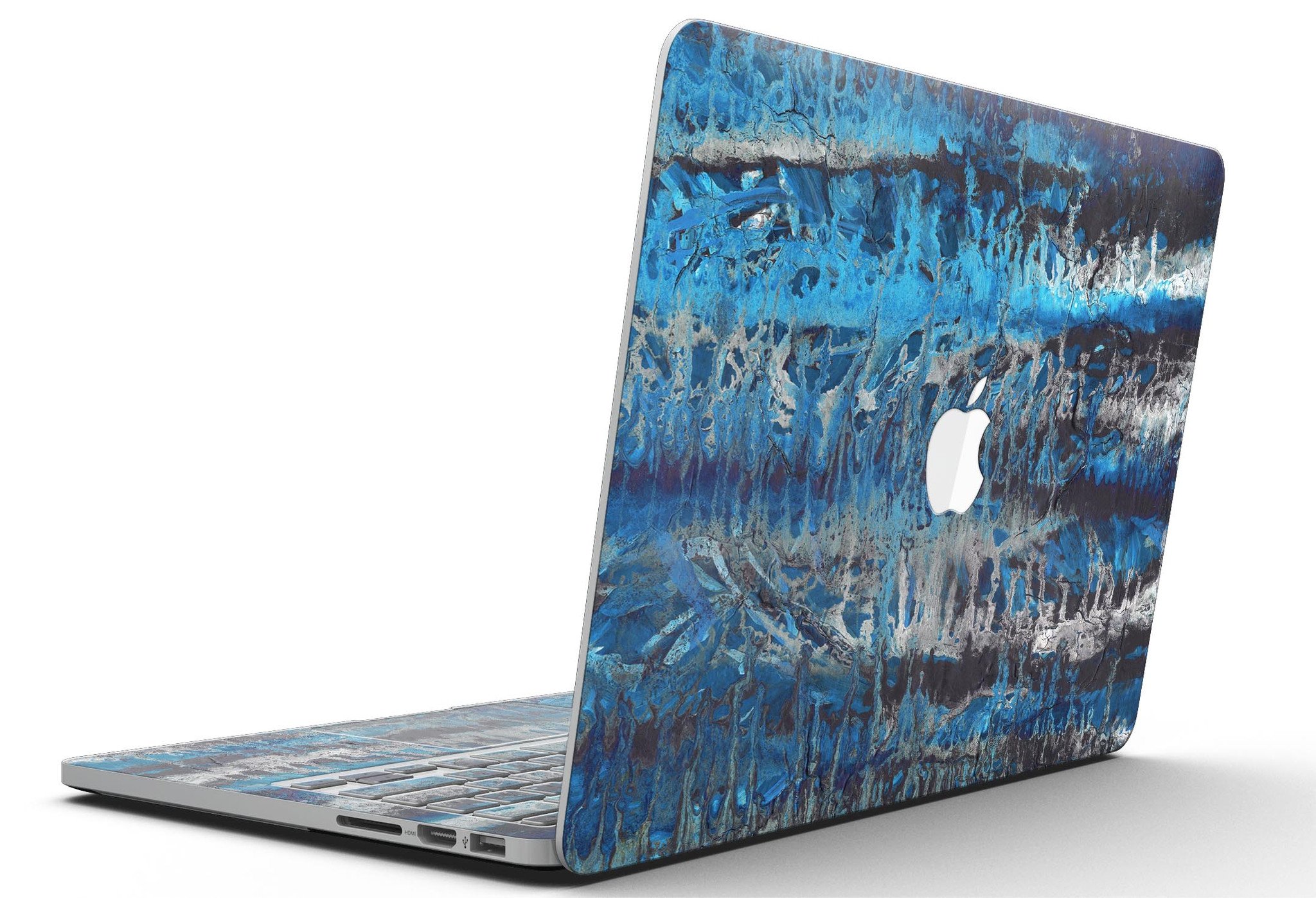 Abstract Wet Paint Blues v8 skin for MacBook Pro with Retina Display, showcasing vibrant colors and artistic design.