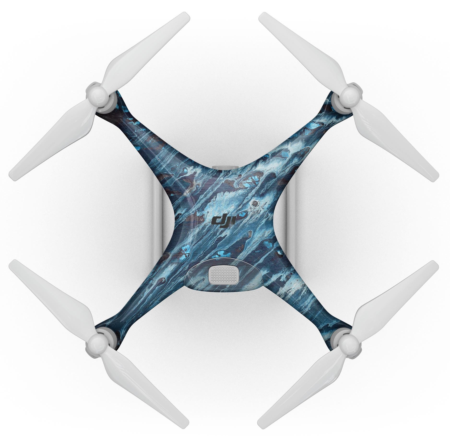 Abstract Wet Paint Blues Full-Body Skin Kit for DJI Phantom 4, showcasing its vibrant design and precision fit.