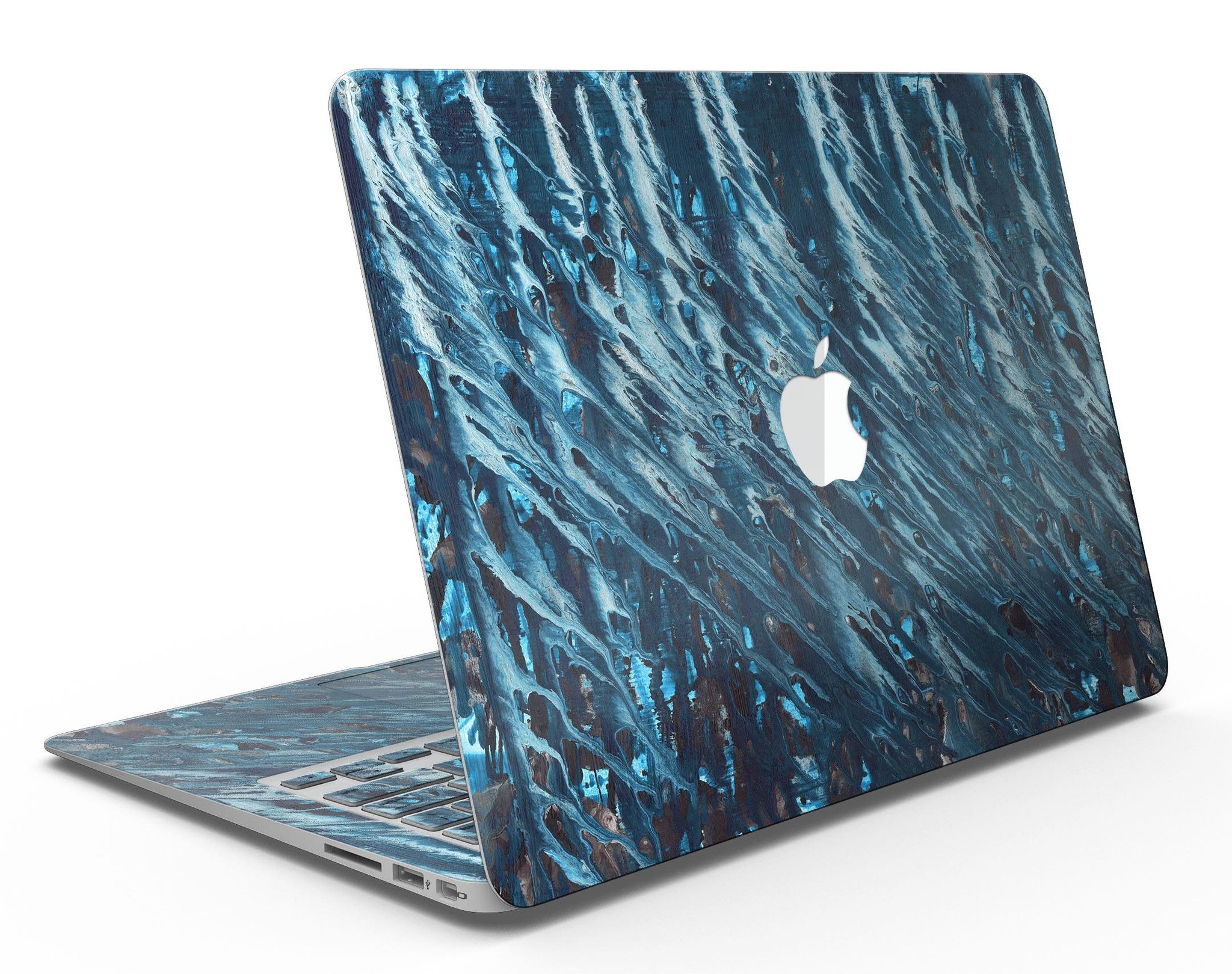 Abstract Wet Paint Blues skin kit for MacBook Air, showcasing vibrant colors and a sleek design.