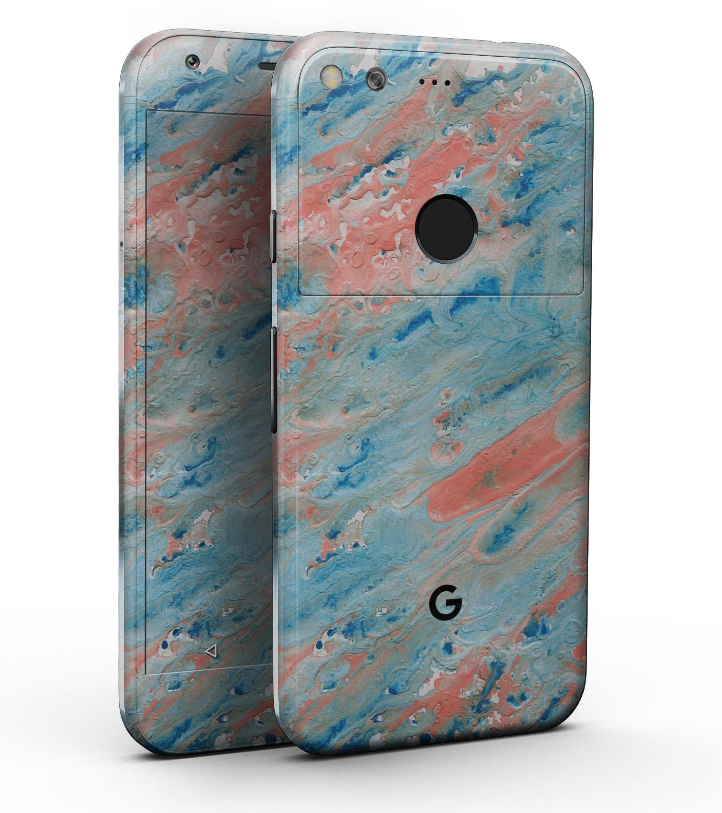 Abstract Wet Paint Coral Blues Full-Body Skin Kit for Google Pixel 5 and 5.5" Pixel XL, showcasing vibrant coral blues design.