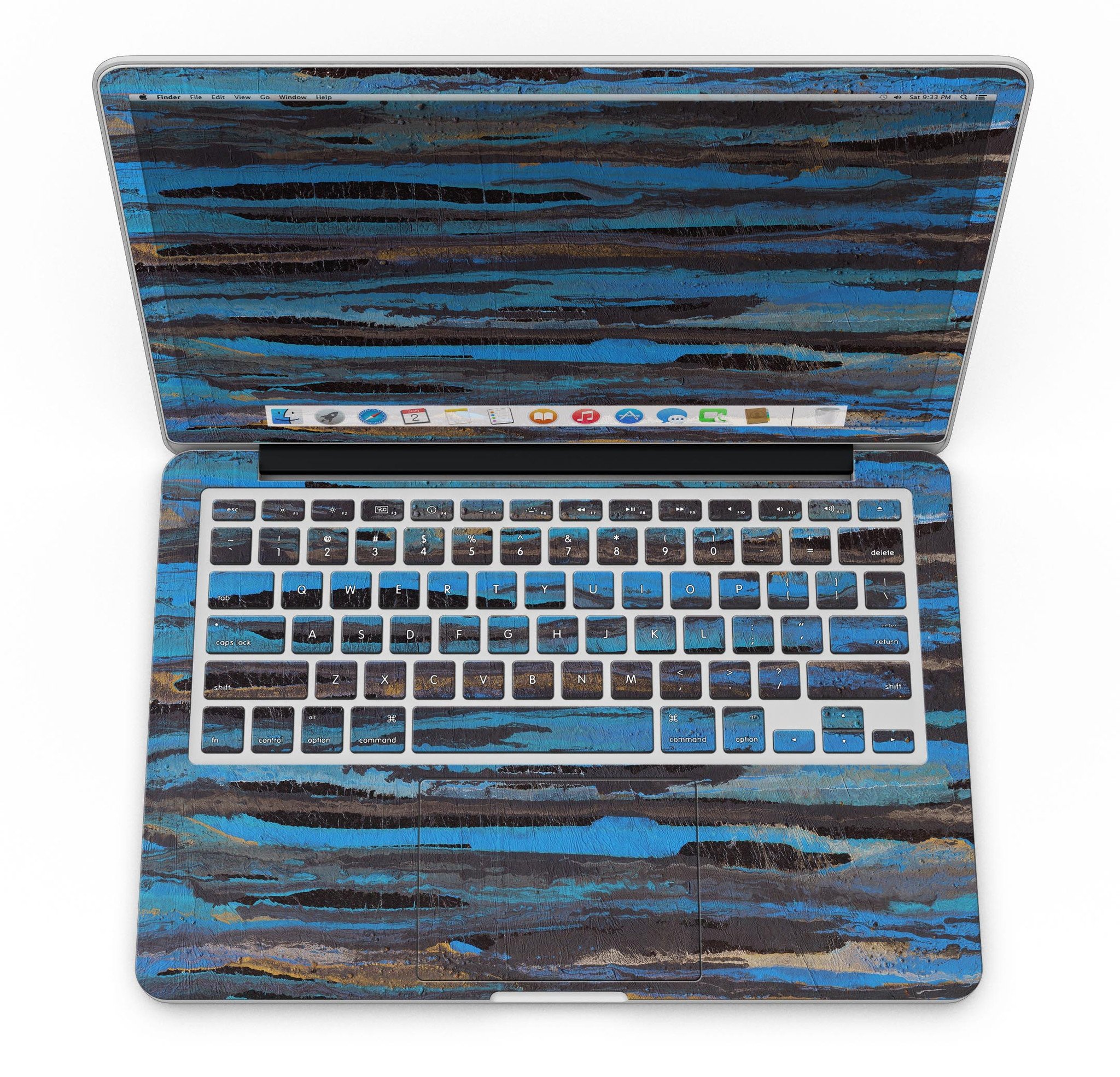 Abstract Wet Paint Dark Blues skin for MacBook Pro with Retina Display, showcasing vibrant colors and artistic design.