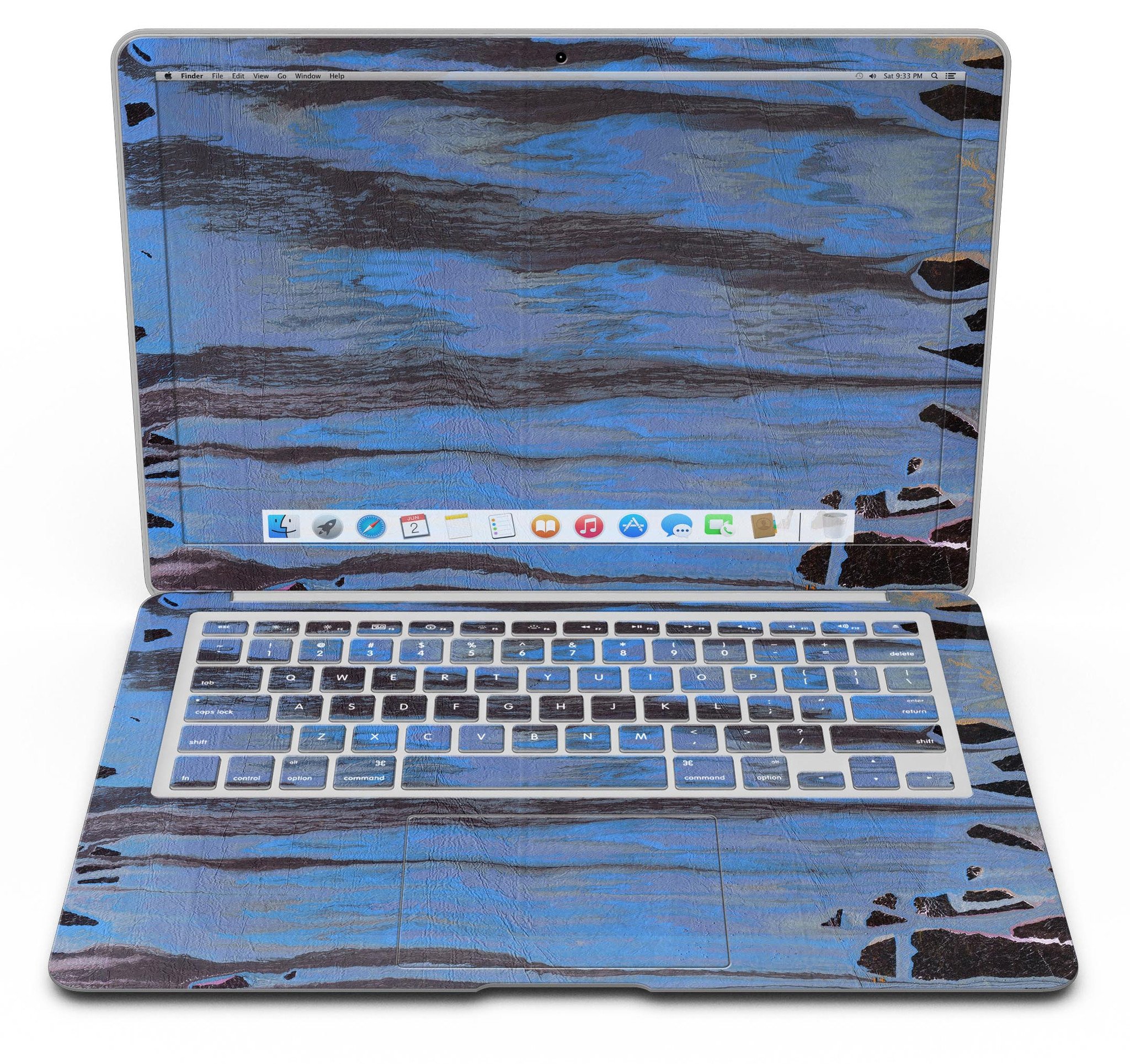Abstract Wet Paint Dark Blues skin kit for MacBook Air, showcasing vibrant colors and unique design for stylish protection.