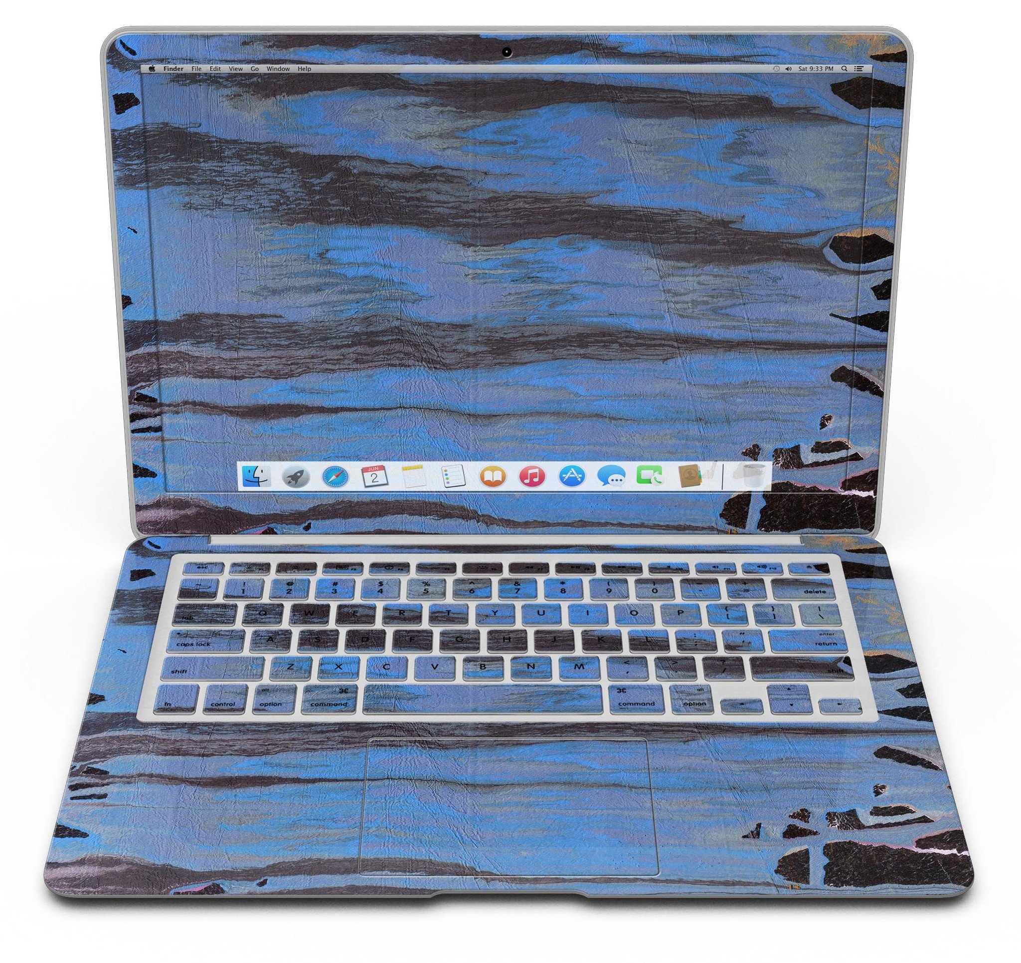 Abstract Wet Paint Dark Blues skin kit for MacBook Air, showcasing vibrant colors and unique design for stylish protection.