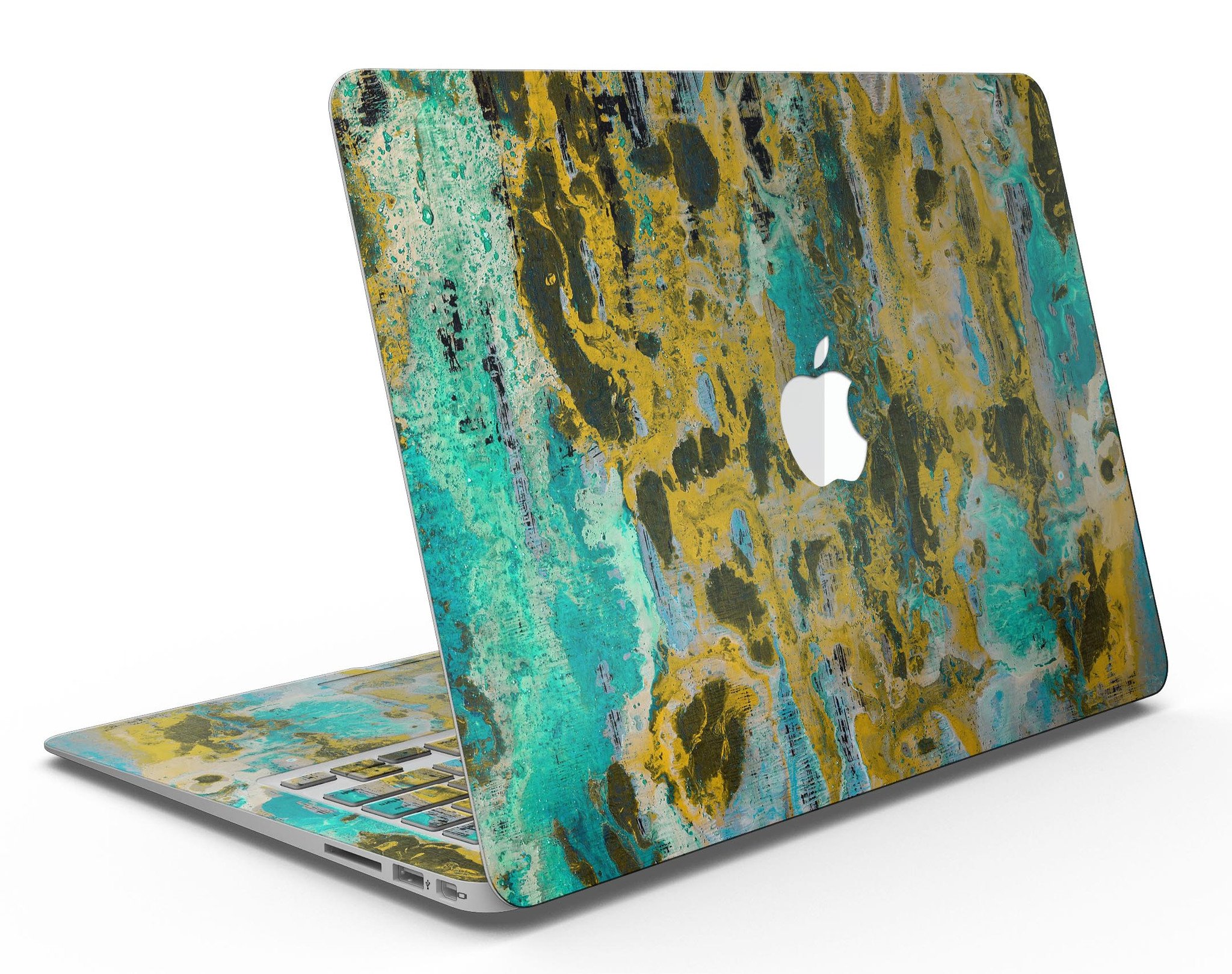 Abstract Wet Paint Gold skin kit for MacBook Air, showcasing vibrant colors and stylish design.