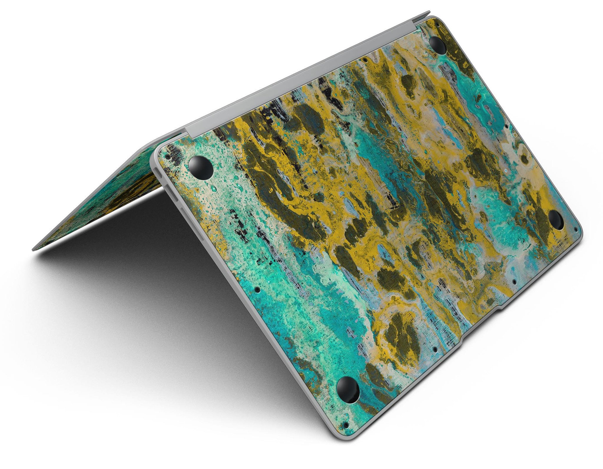 Abstract Wet Paint Gold skin kit for MacBook Air, showcasing vibrant colors and stylish design.