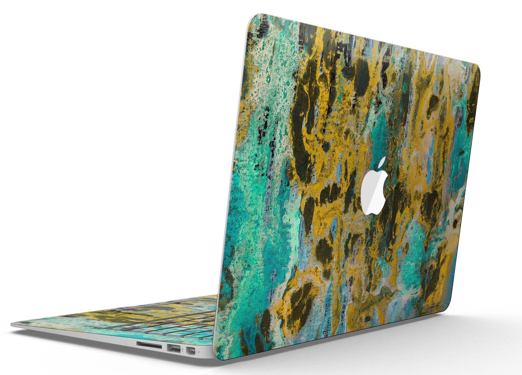 Abstract Wet Paint Gold skin kit for MacBook Air, showcasing vibrant colors and stylish design.