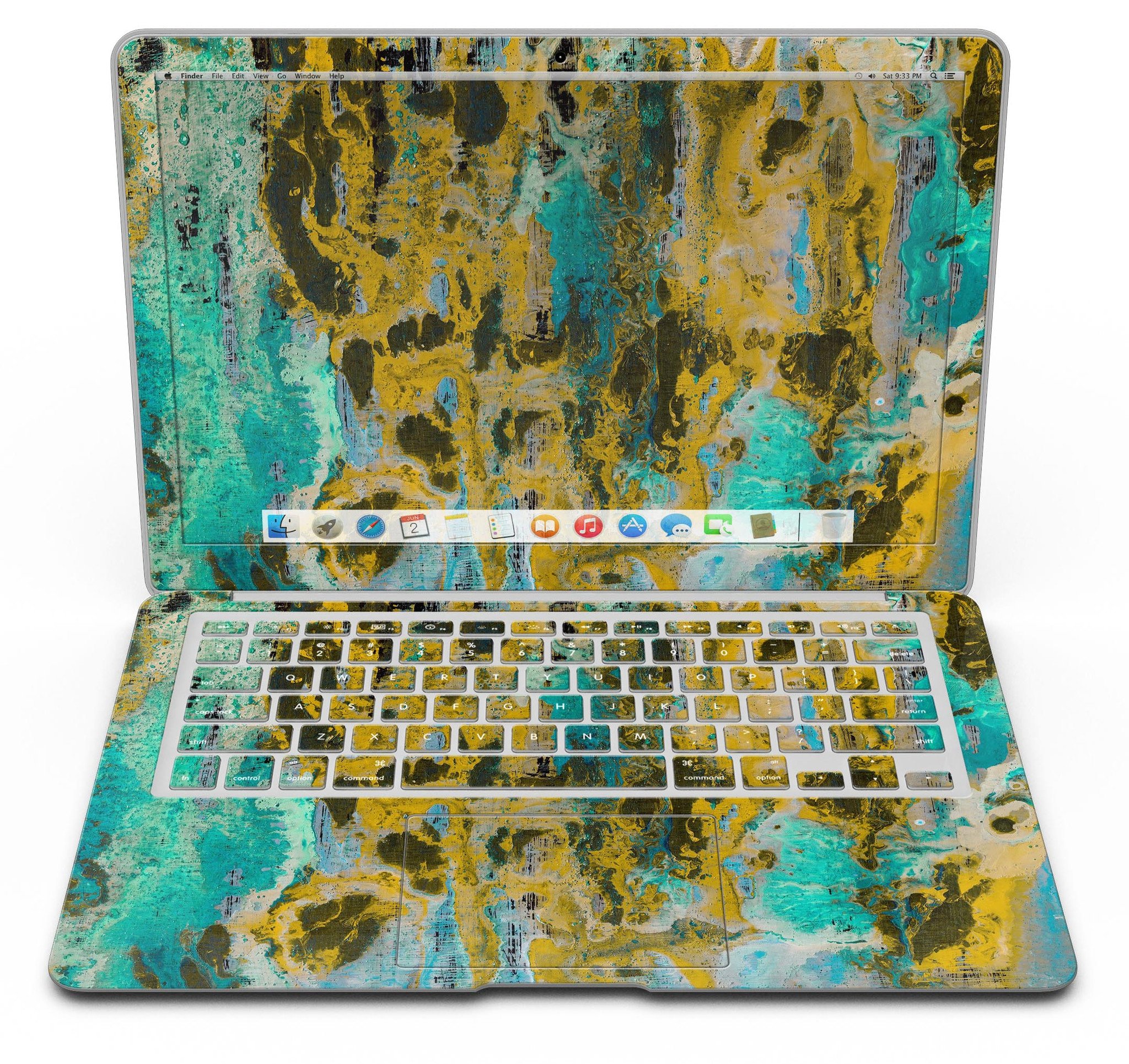 Abstract Wet Paint Gold skin kit for MacBook Air, showcasing vibrant colors and stylish design.