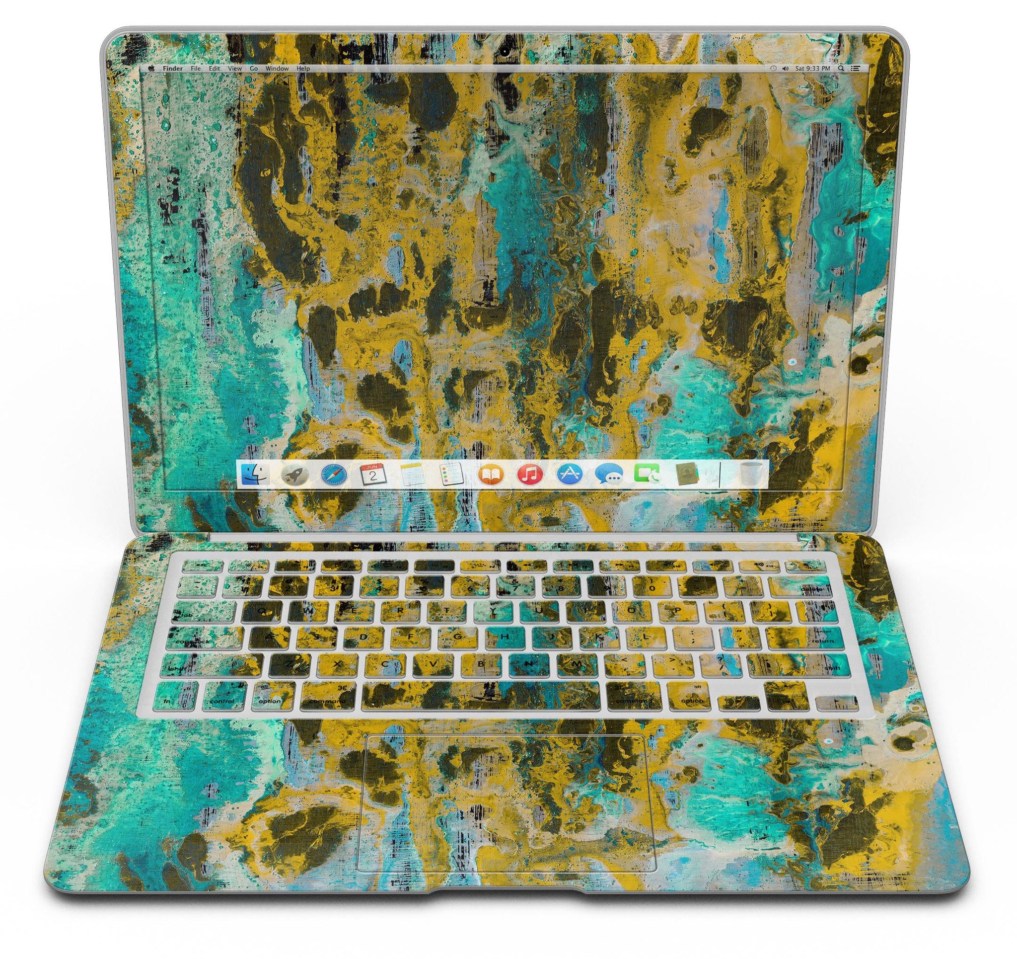 Abstract Wet Paint Gold skin kit for MacBook Air, showcasing vibrant colors and stylish design.