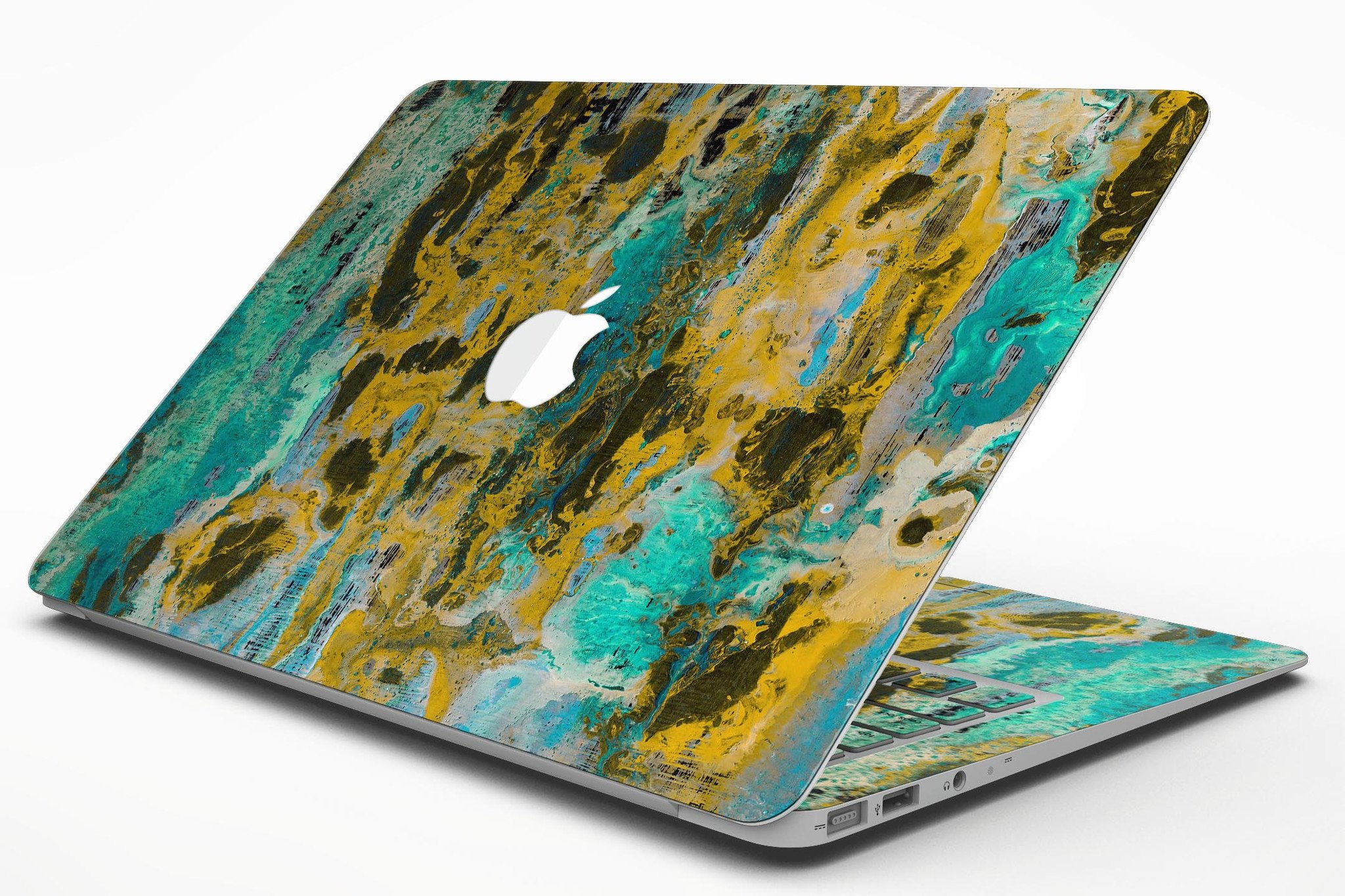 Abstract Wet Paint Gold skin kit for MacBook Air, showcasing vibrant colors and stylish design.