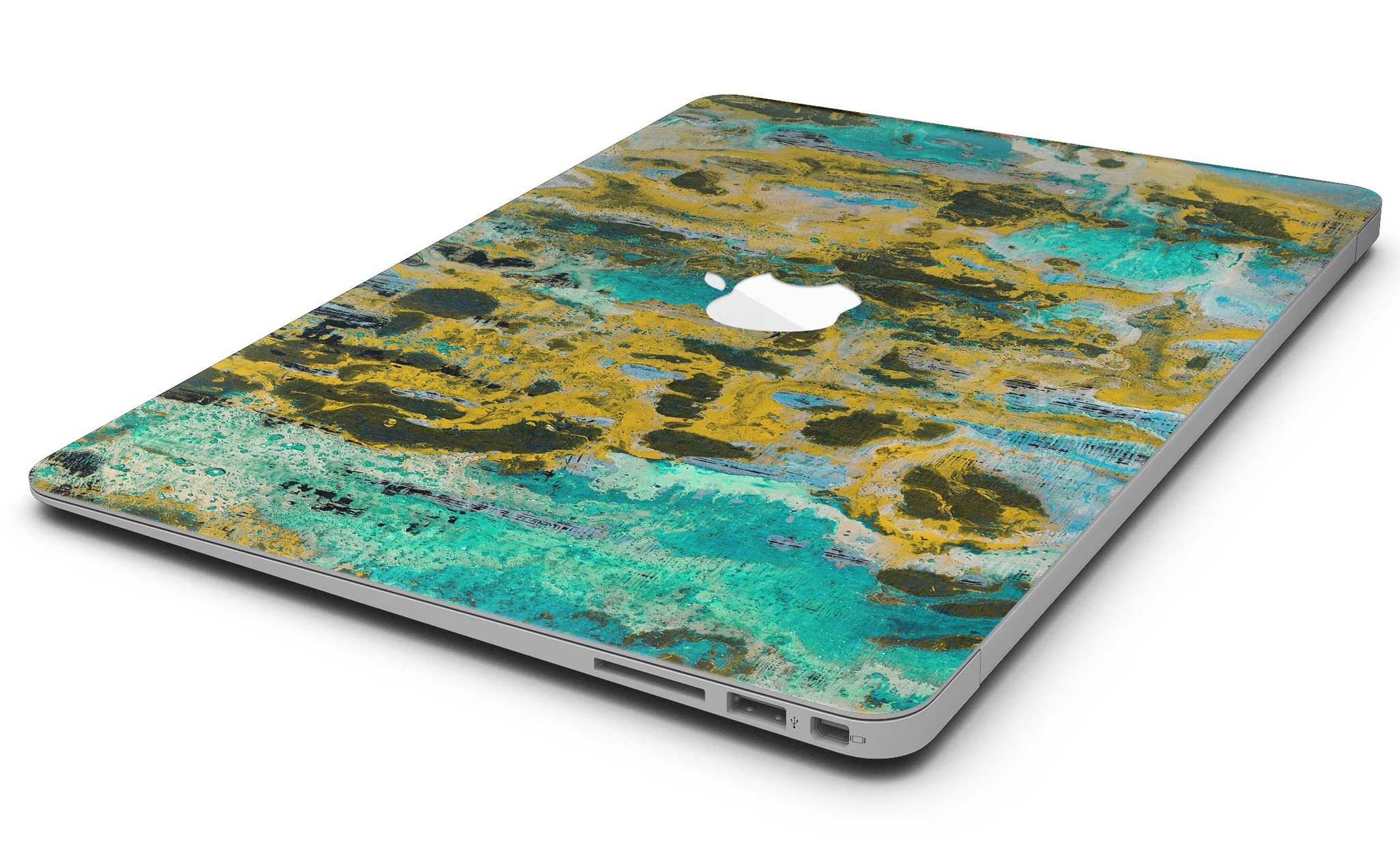 Abstract Wet Paint Gold skin kit for MacBook Air, showcasing vibrant colors and stylish design.