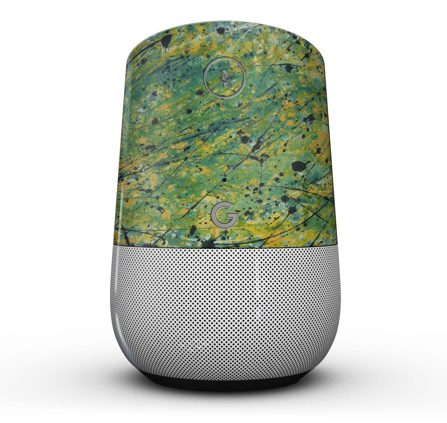 Abstract Wet Paint Green Lines Full-Body Skin Kit for Google Home Assistant, showcasing vibrant green lines on a sleek surface.