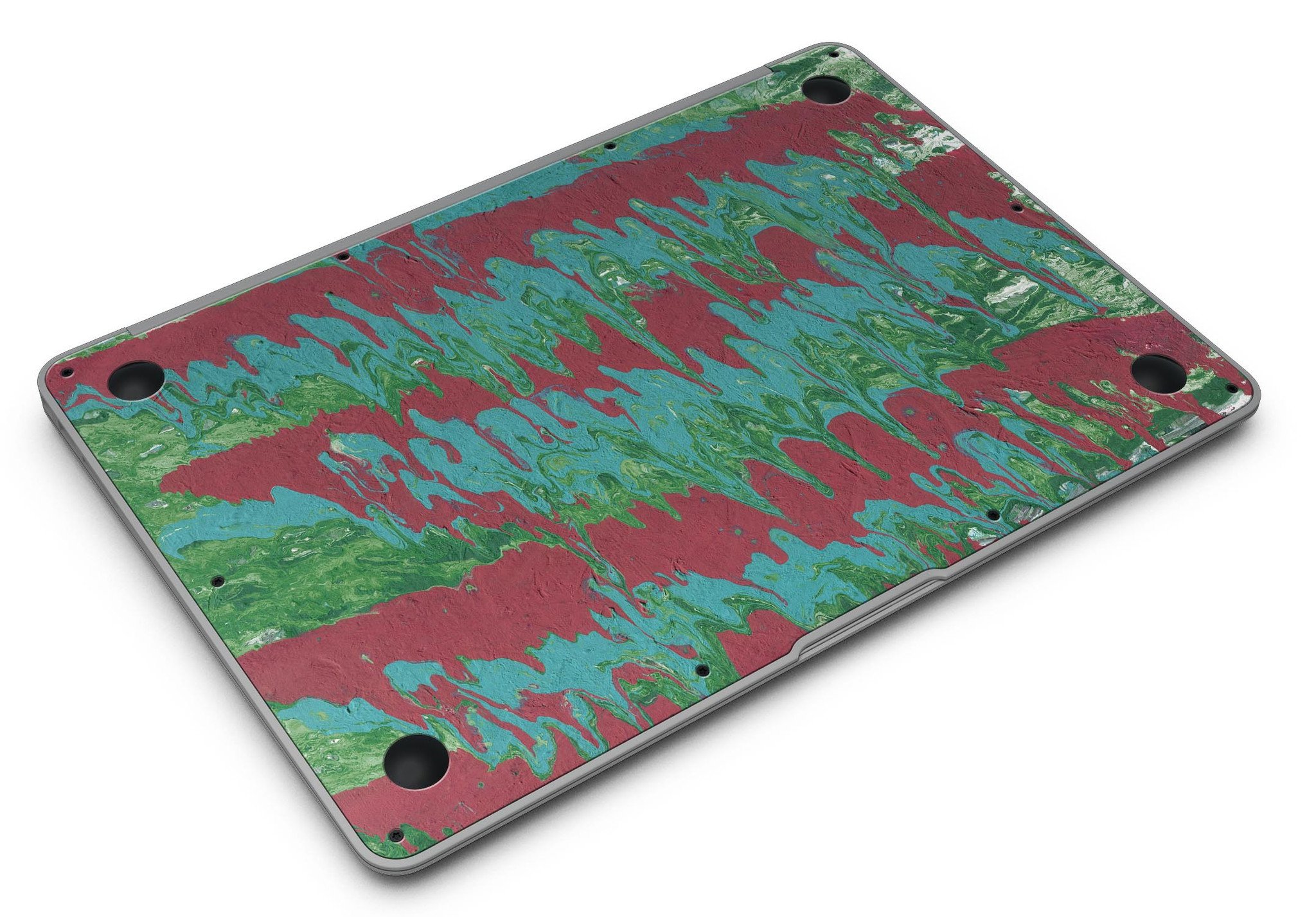 Abstract Wet Paint Mint Green to Red skin kit for MacBook Air, showcasing vibrant colors and a stylish design.