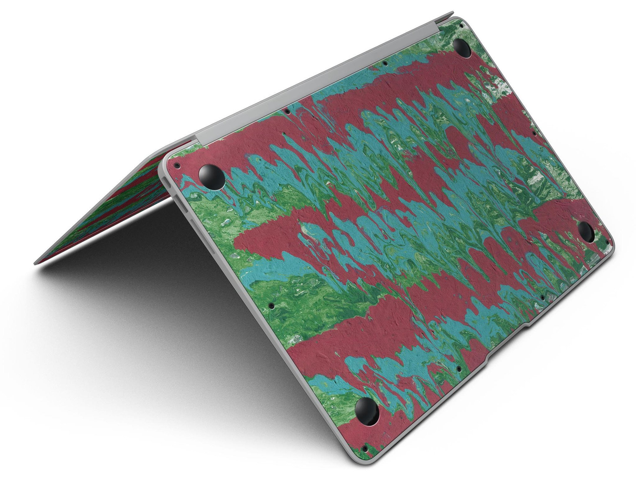 Abstract Wet Paint Mint Green to Red skin kit for MacBook Air, showcasing vibrant colors and a stylish design.