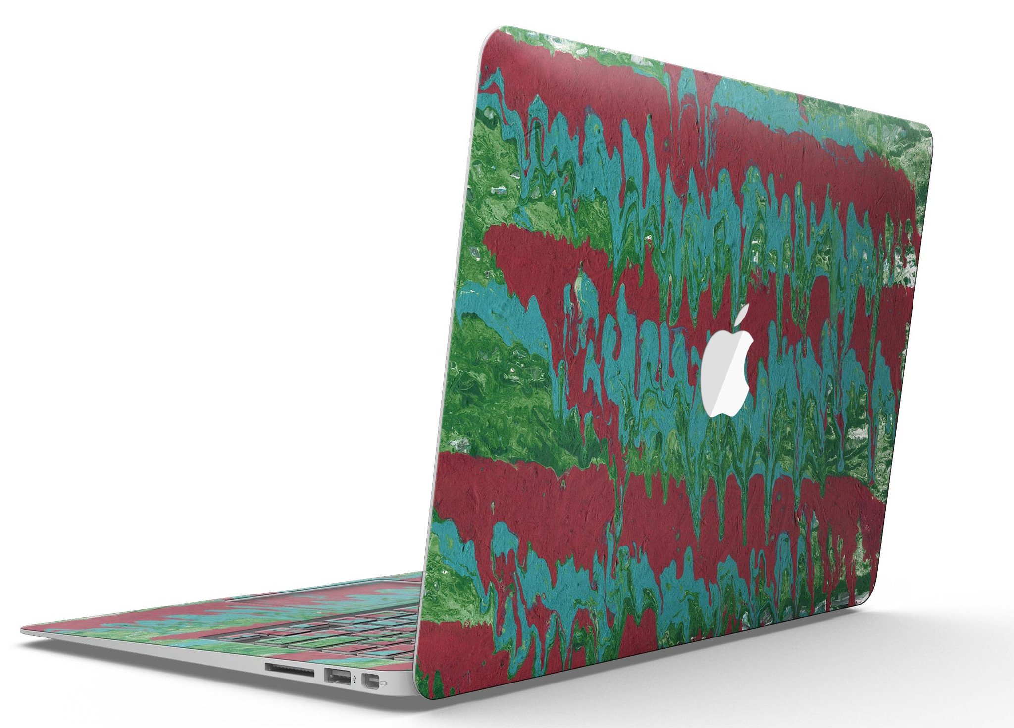 Abstract Wet Paint Mint Green to Red skin kit for MacBook Air, showcasing vibrant colors and a stylish design.