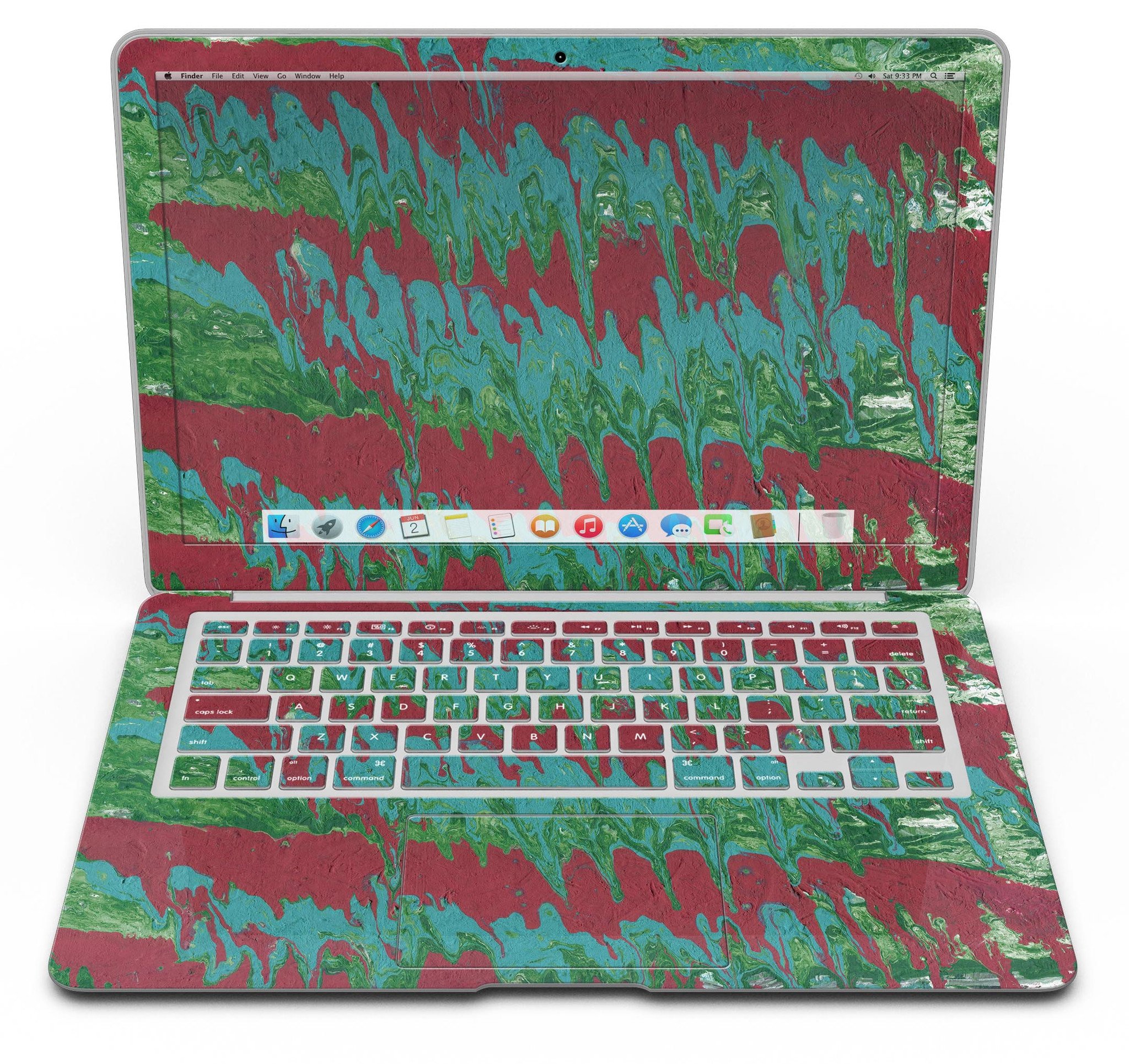 Abstract Wet Paint Mint Green to Red skin kit for MacBook Air, showcasing vibrant colors and a stylish design.