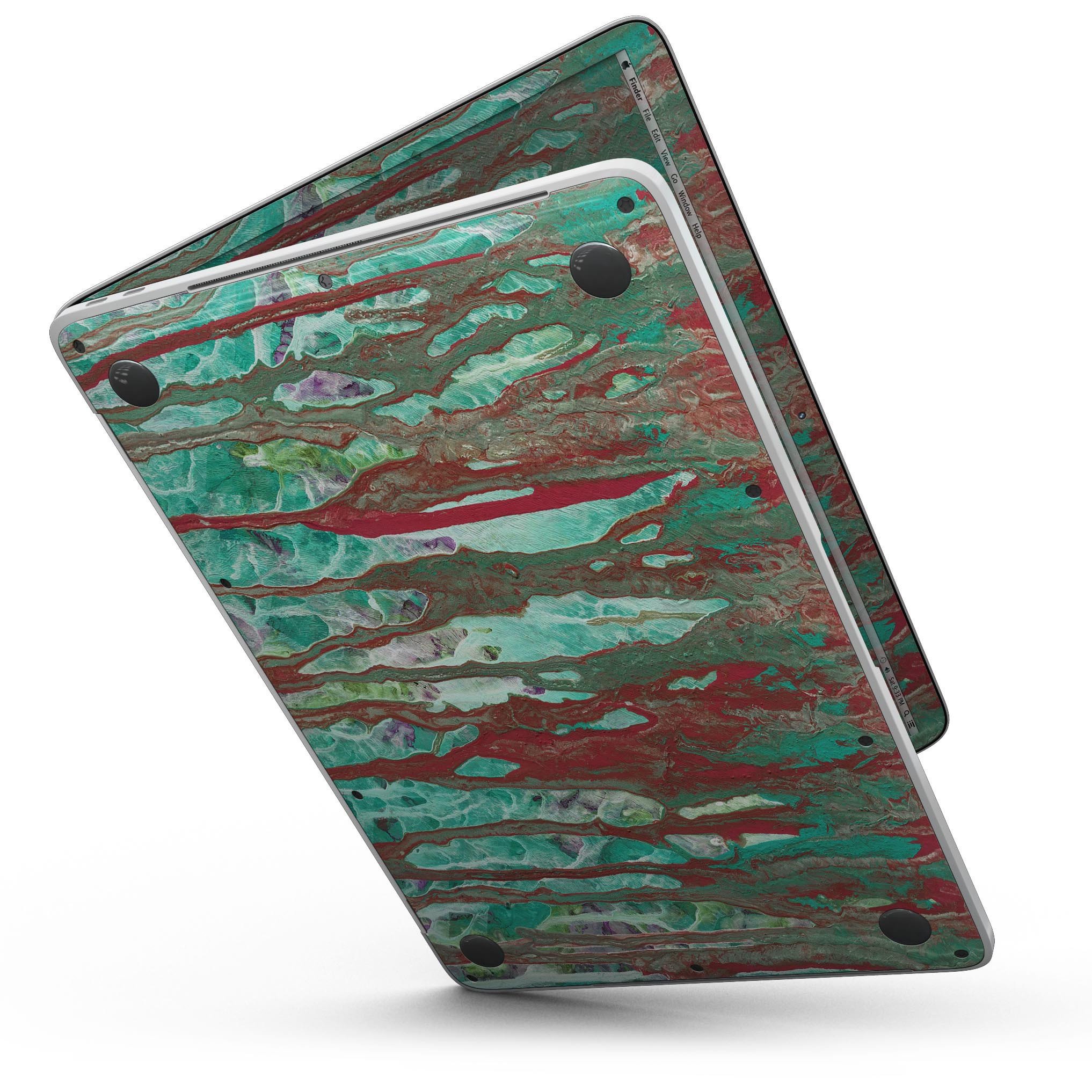 Abstract Wet Paint Mint Rustic skin for 13" MacBook Pro without Touch Bar, showcasing vibrant mint colors and a rustic design.
