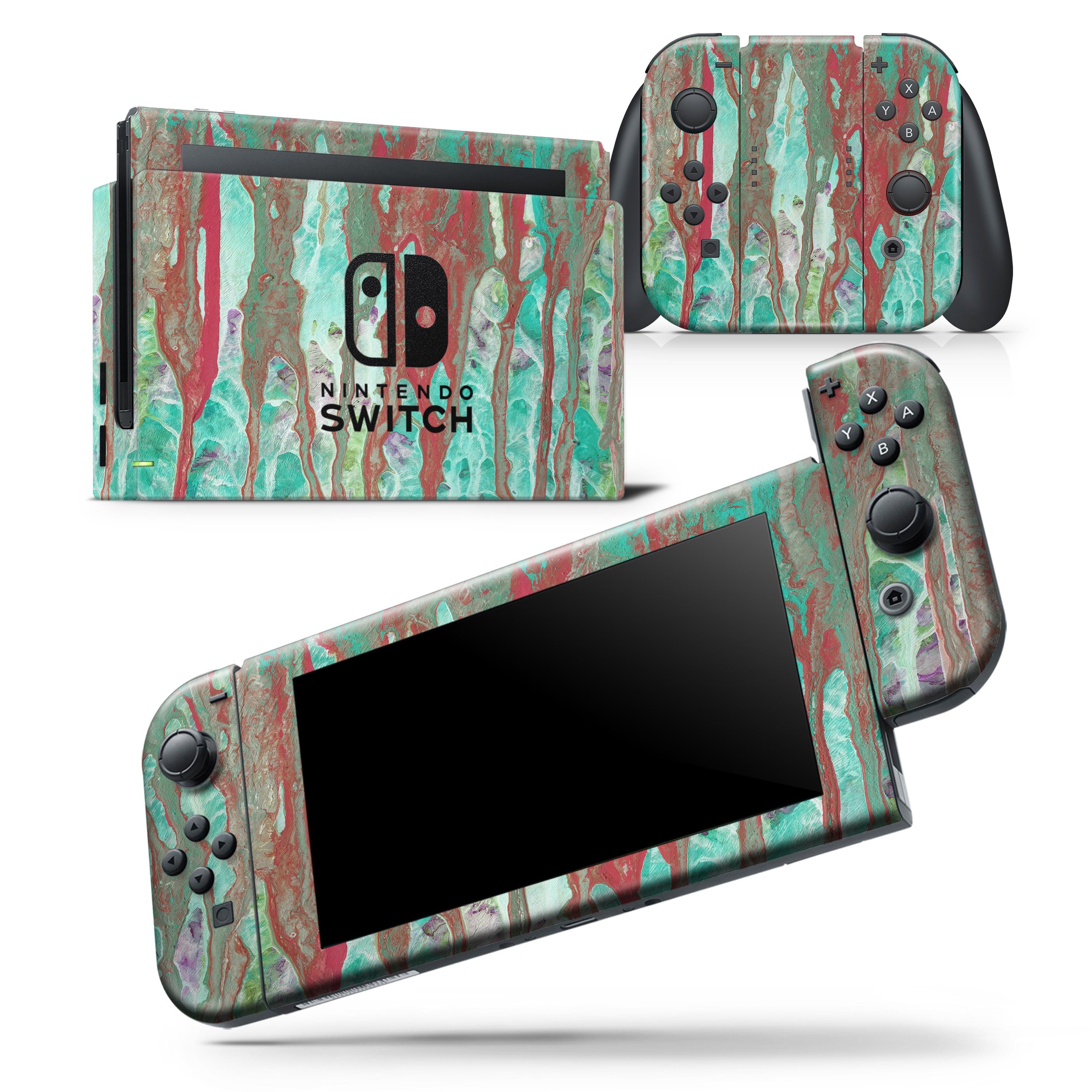 Abstract Wet Paint Mint Rustic skin wrap decal for Nintendo Switch, showcasing vibrant colors and unique design.