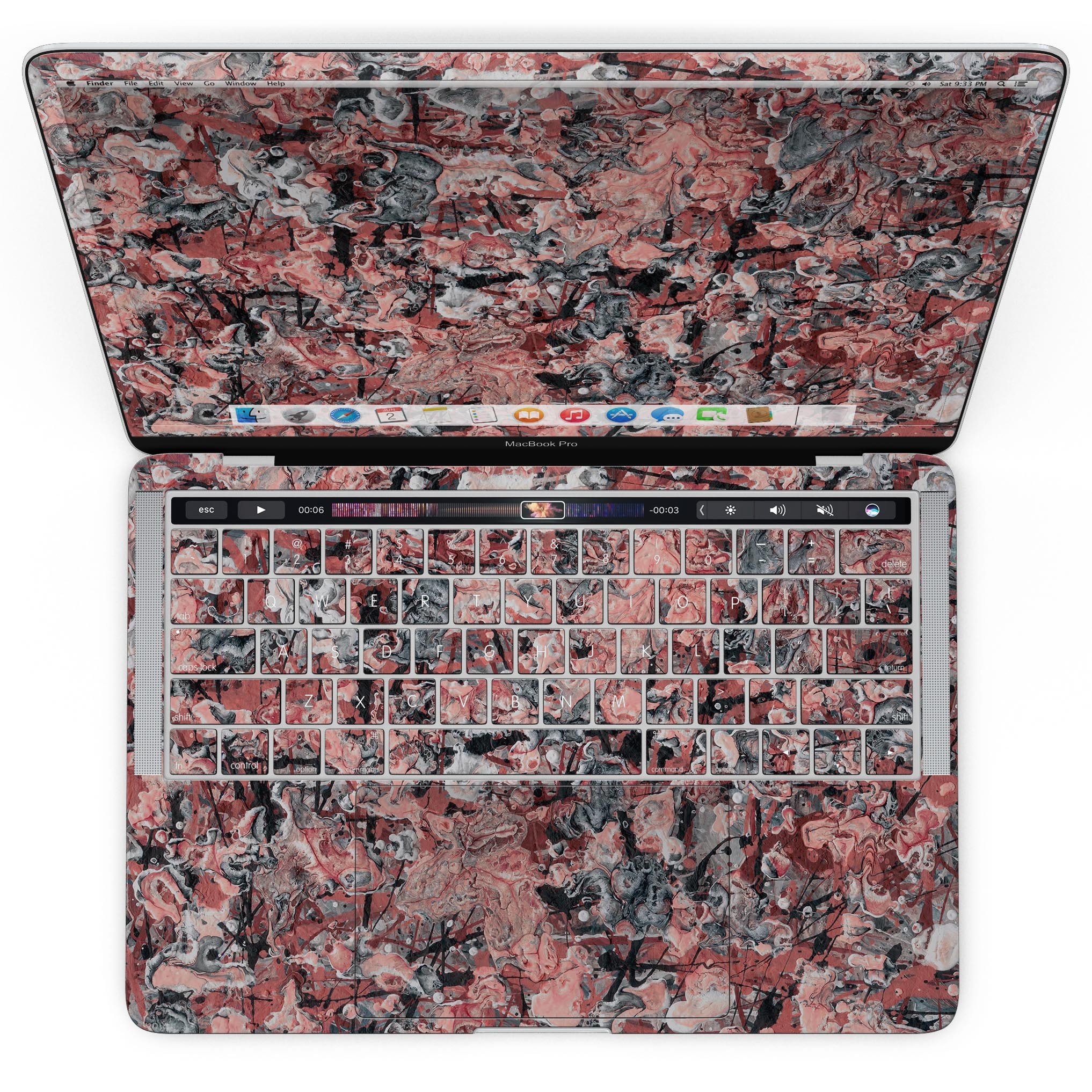 Abstract Wet Paint Pale Pink skin kit for MacBook Pro with Touch Bar, showcasing its stylish design and premium vinyl material.