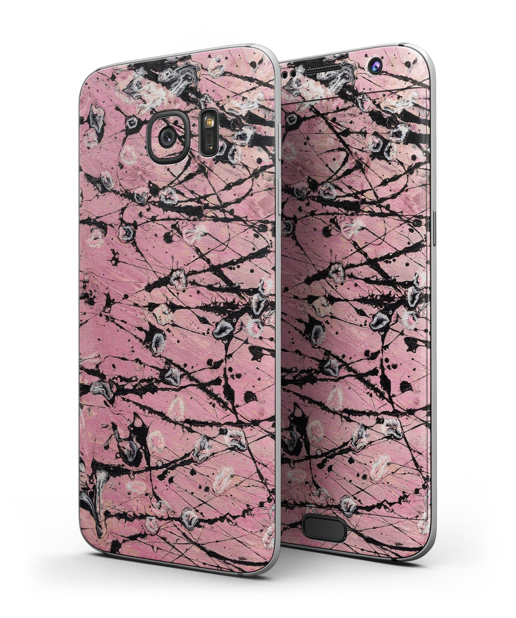 Abstract Wet Paint Pink and Black skin kit for Samsung Galaxy S7 and S7 Edge, showcasing vibrant colors and premium vinyl material.