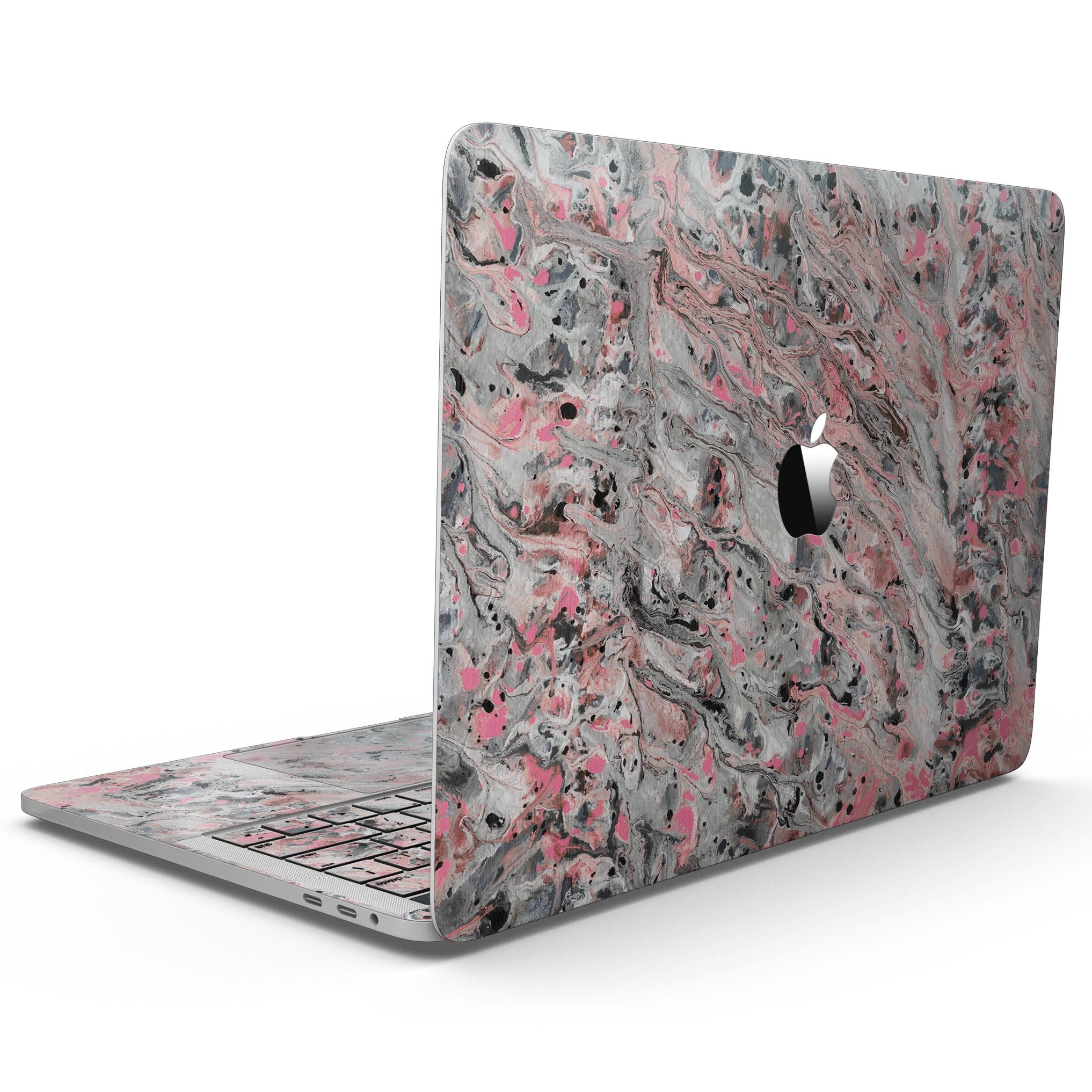 Abstract Wet Paint Pink Swirl skin for MacBook Pro with Touch Bar, showcasing vibrant pink swirls on a sleek vinyl surface.
