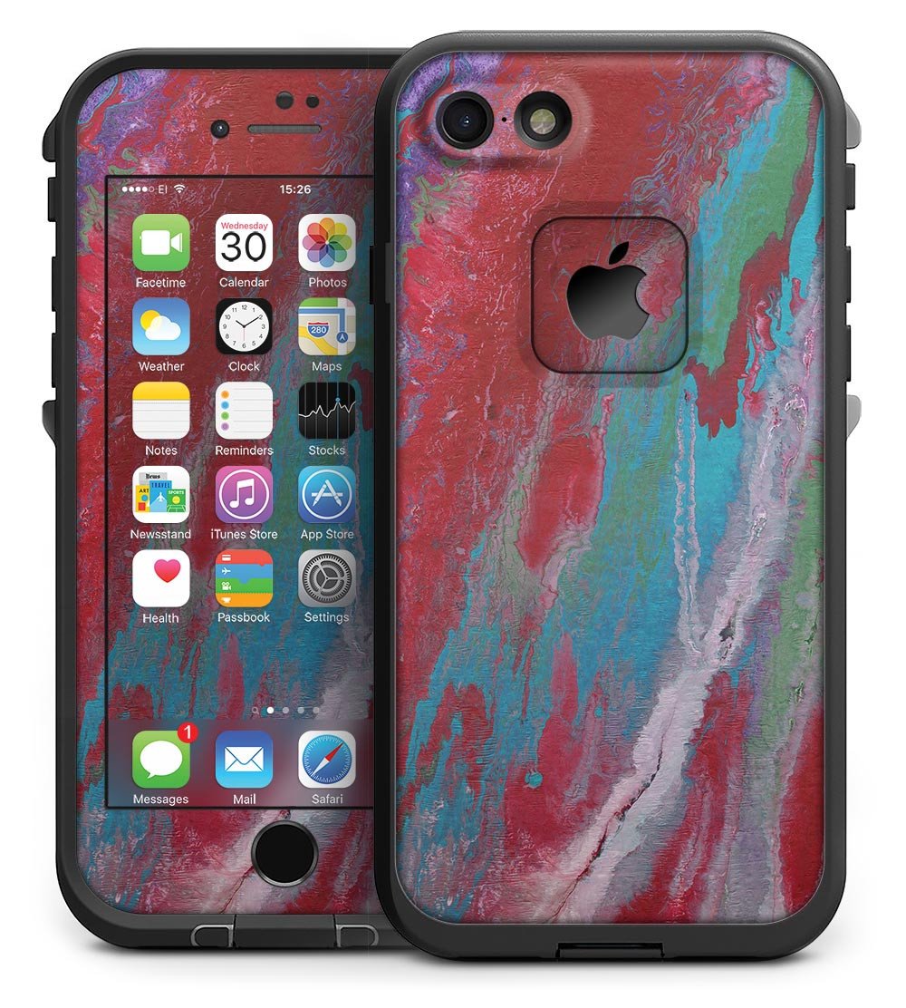 Abstract Wet Paint Red and Blue skin kit for iPhone 7 LifeProof Fre Case, showcasing vibrant colors and sleek design.