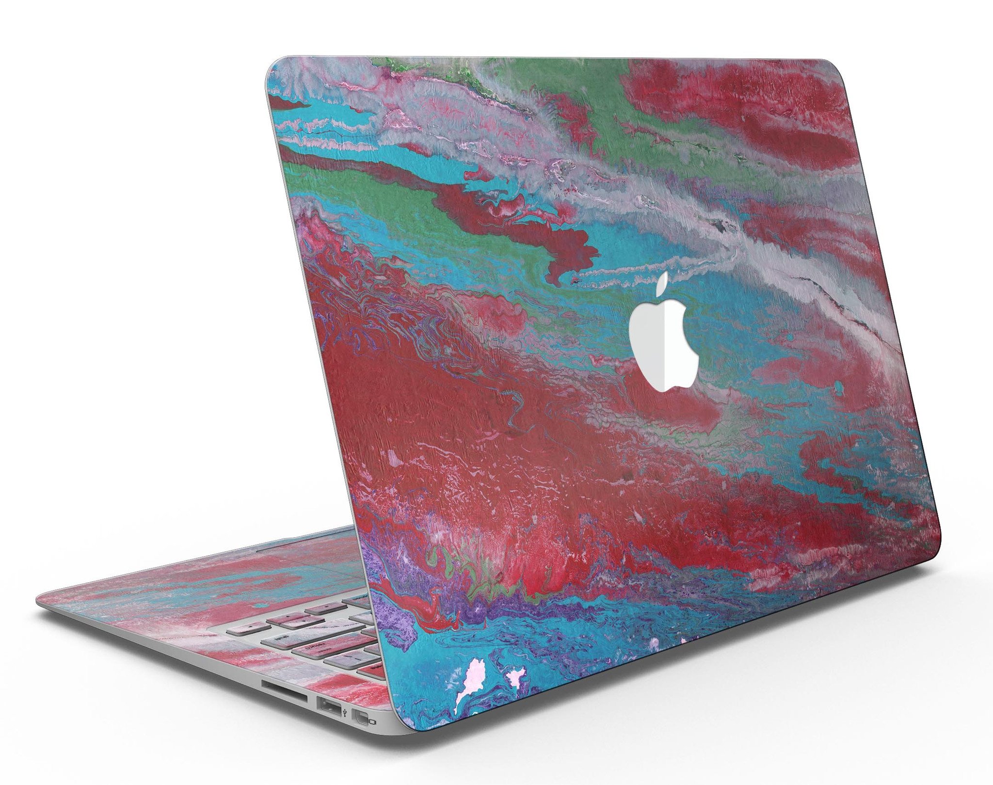 Abstract Wet Paint Red and Blue skin kit for MacBook Air, showcasing vibrant colors and stylish design.