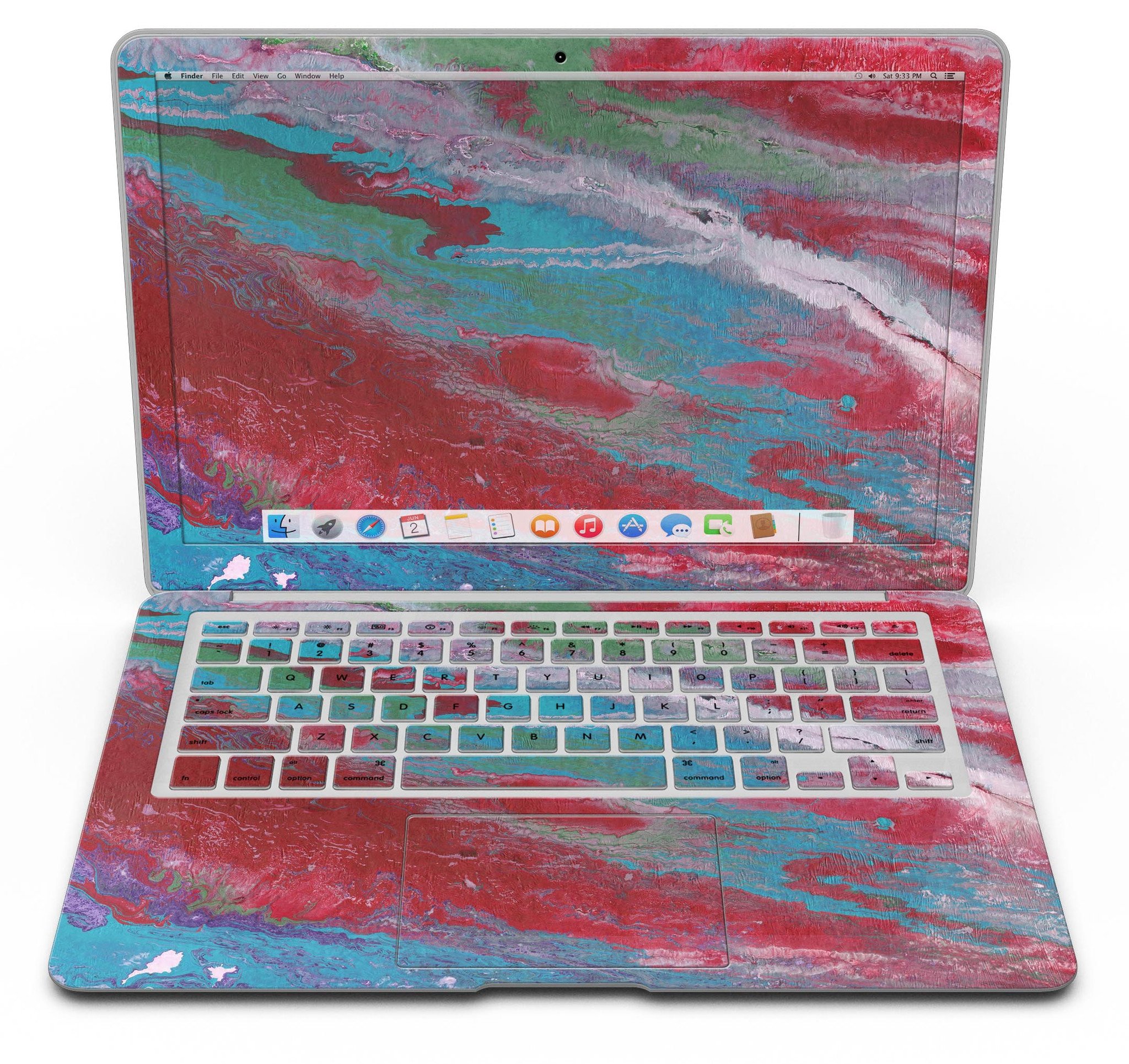 Abstract Wet Paint Red and Blue skin kit for MacBook Air, showcasing vibrant colors and stylish design.