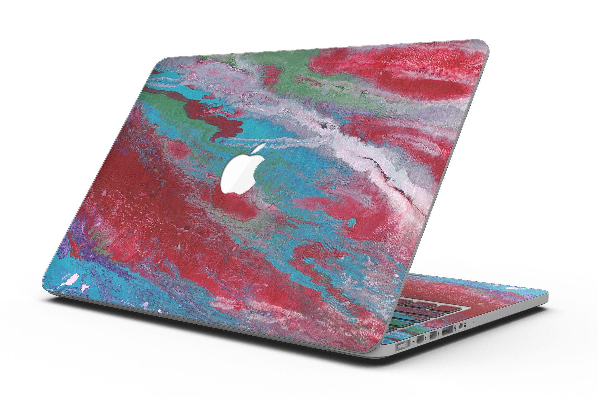 Abstract Wet Paint skin for MacBook Pro with Retina Display, featuring vibrant red and blue colors in a stylish design.