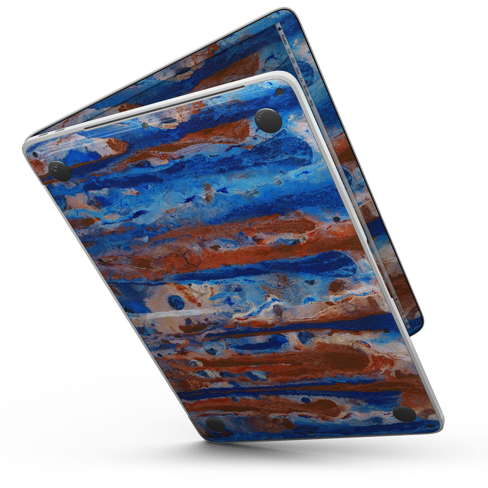 Abstract Wet Paint Rustic Blue skin kit for MacBook Pro with Touch Bar, showcasing vibrant colors and a stylish design.