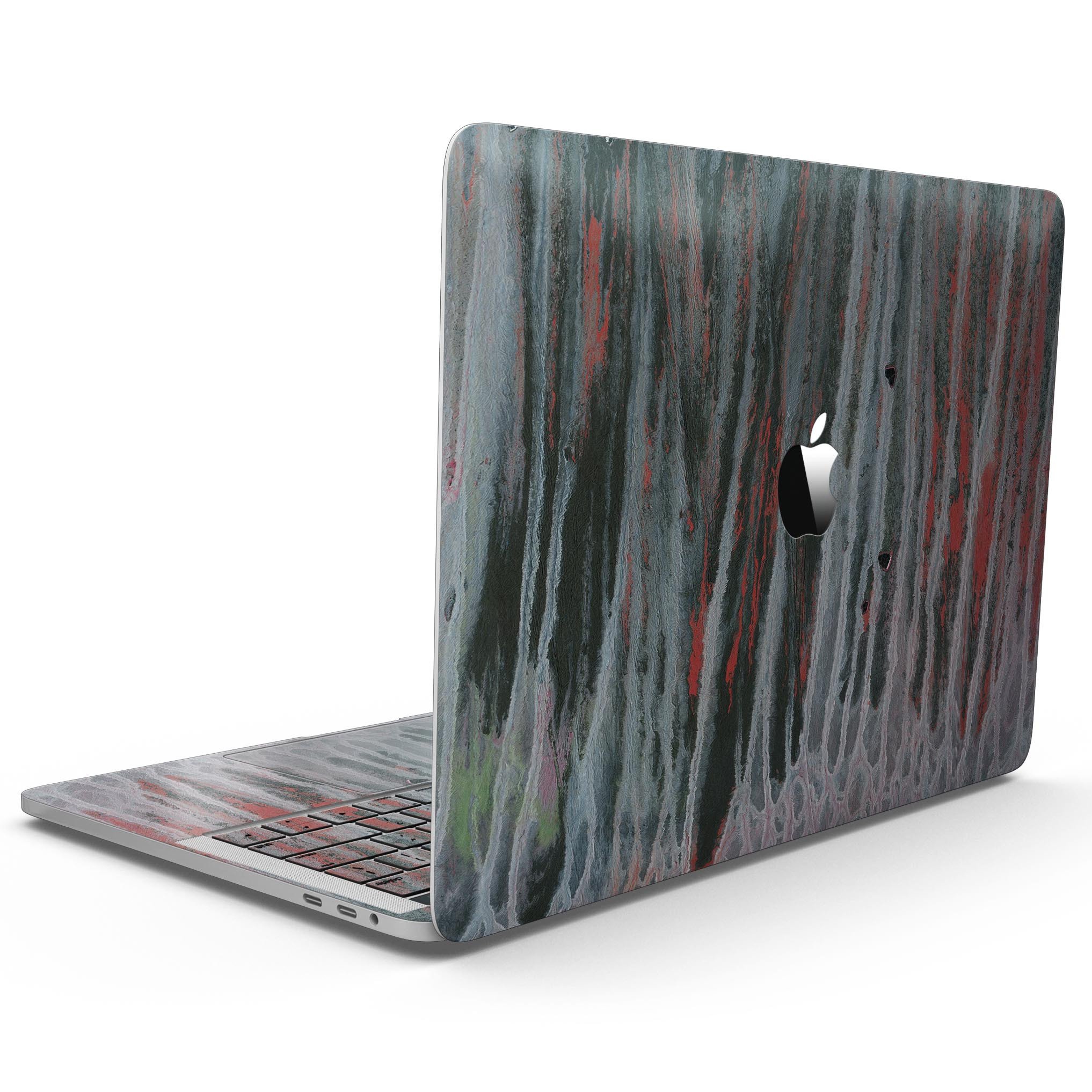 Abstract Wet Paint Smoke Red skin for MacBook Pro with Touch Bar, showcasing vibrant colors and a sleek design.