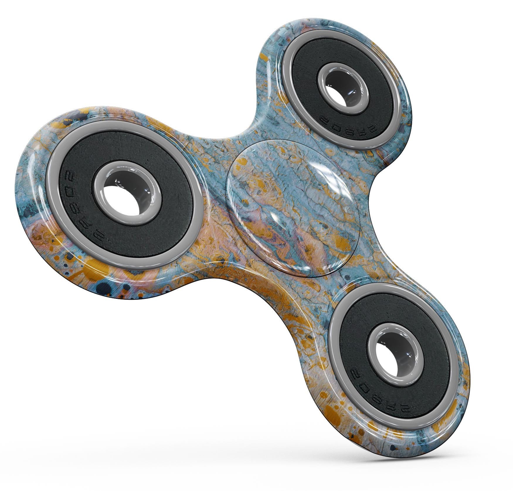 Abstract Wet Paint Teal and Gold Full-Body Fidget Spinner Skin-Kit showcasing vibrant colors and unique design.