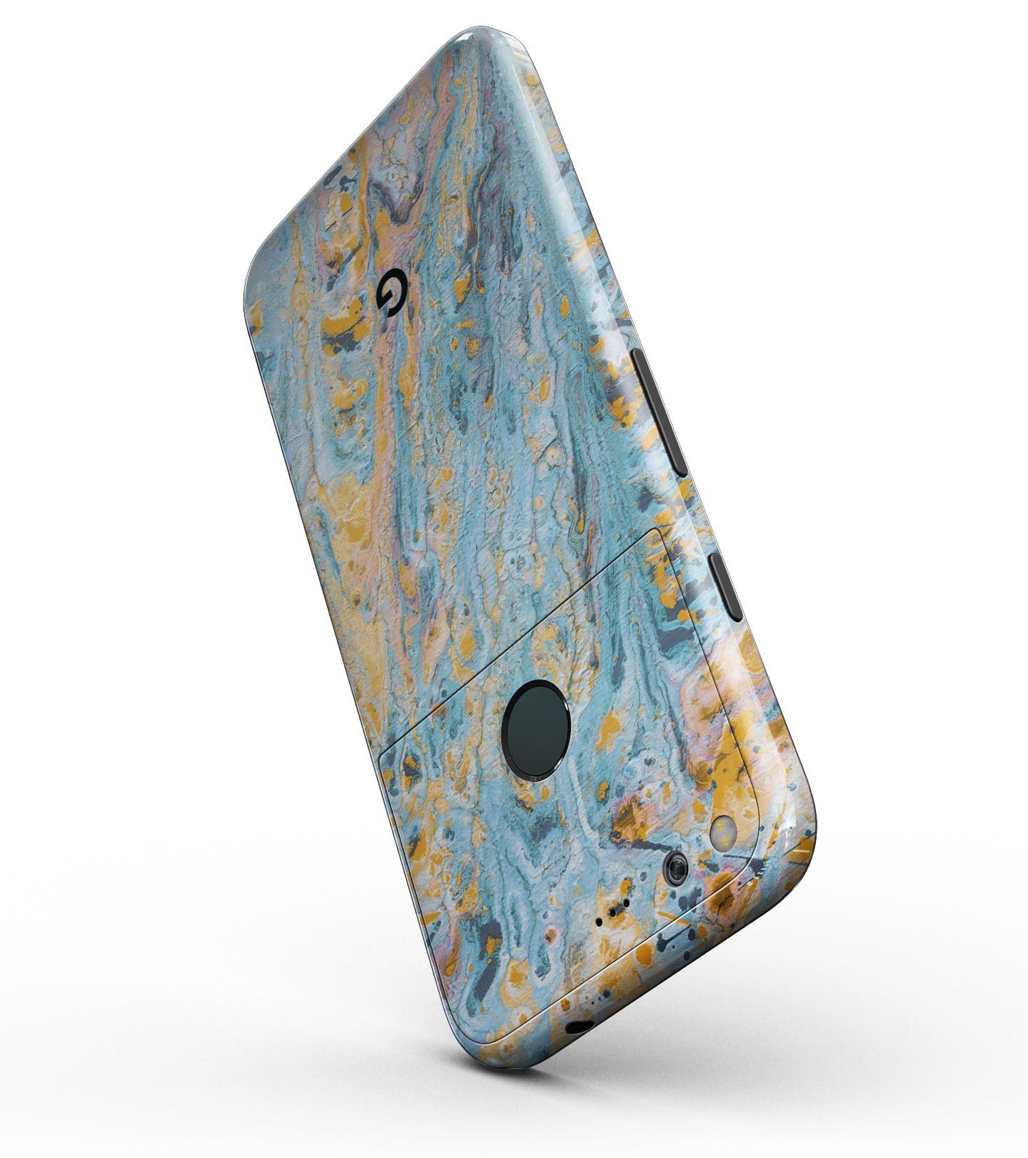 Abstract Wet Paint Teal and Gold Full-Body Skin Kit for Google Pixel, showcasing a vibrant design with teal and gold colors.