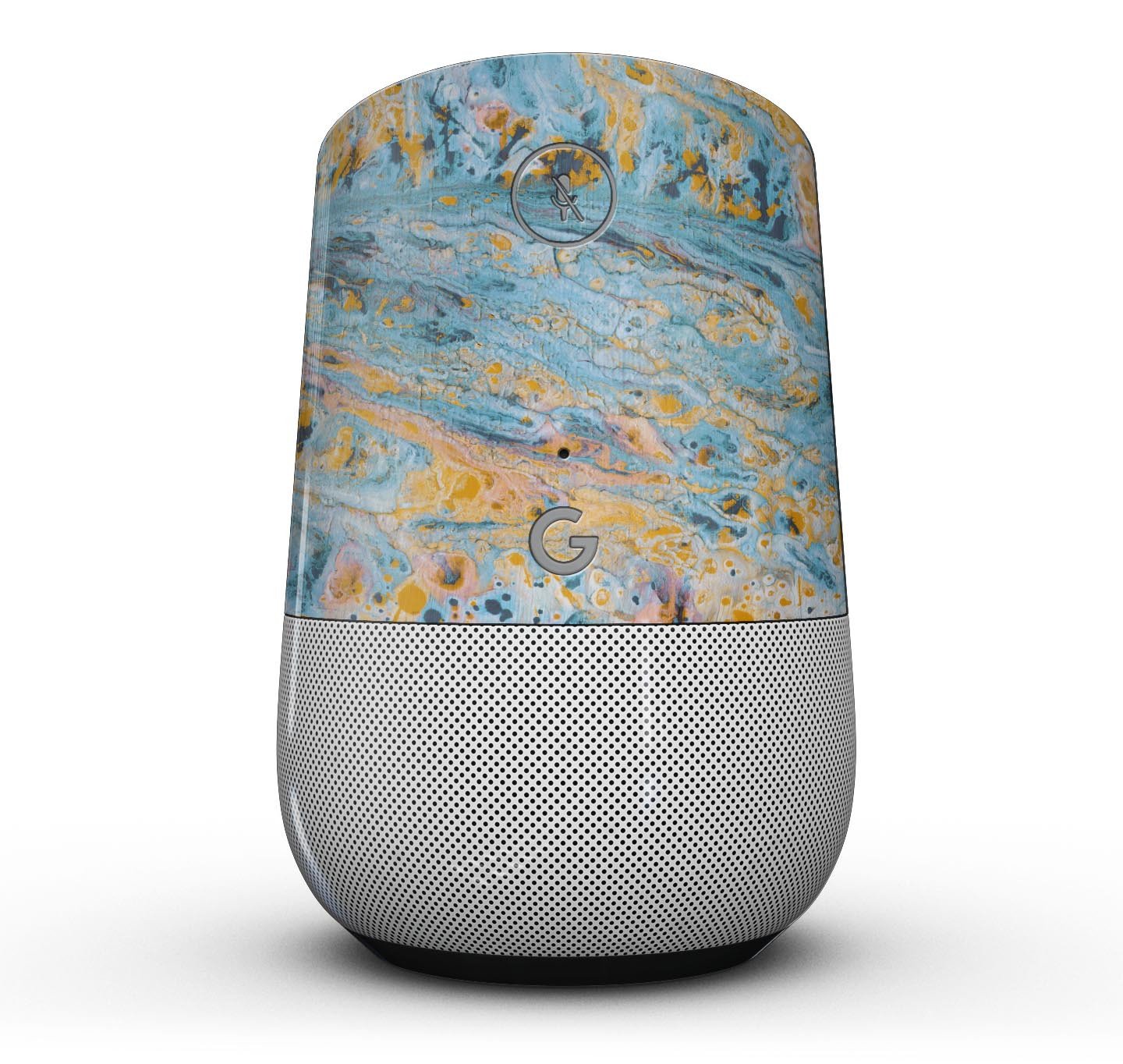 Abstract Wet Paint Teal and Gold Full-Body Skin Kit for Google Home Assistant, showcasing vibrant colors and sleek design.
