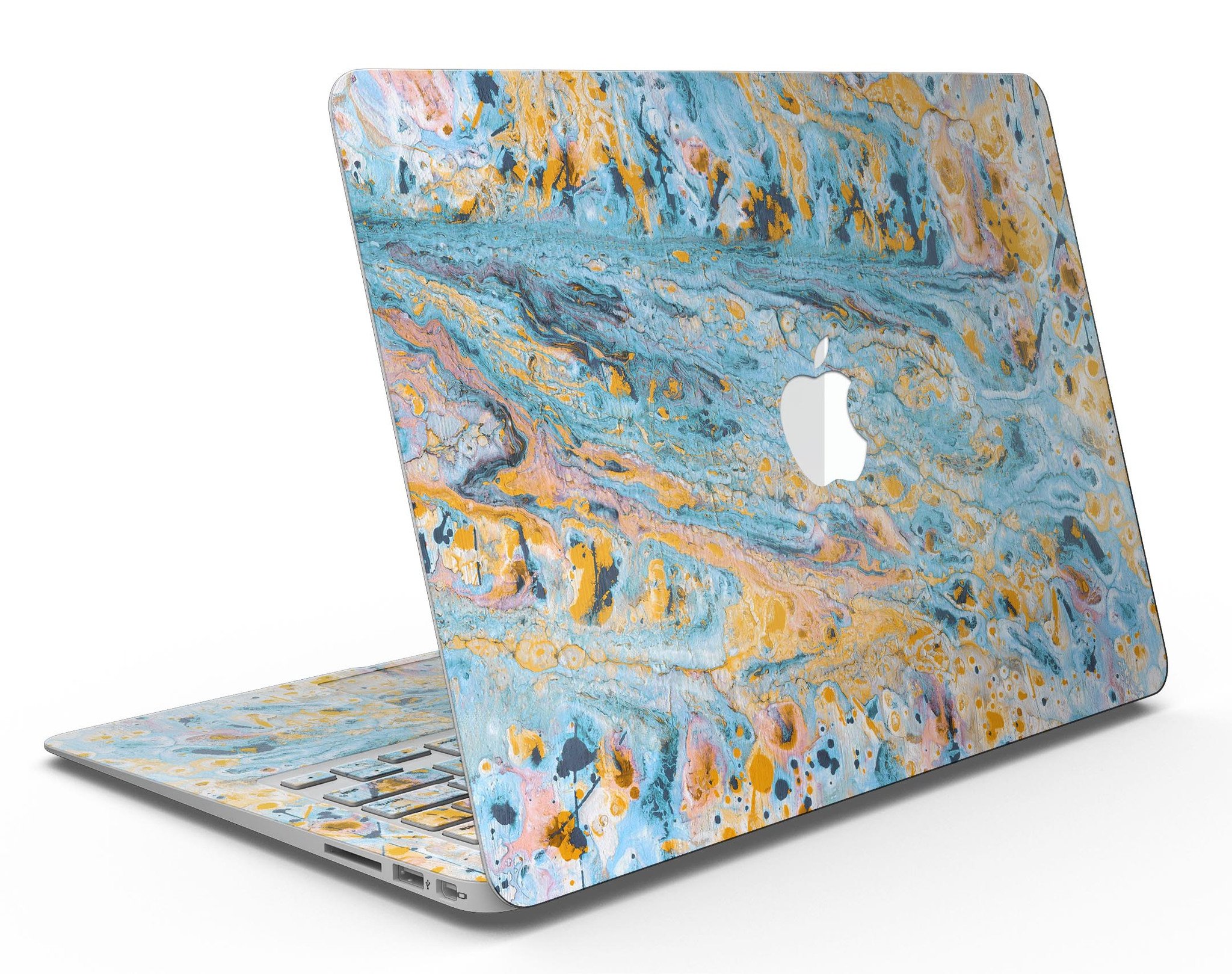 Abstract Wet Paint Teal and Gold skin kit for MacBook Air, showcasing vibrant colors and unique design.