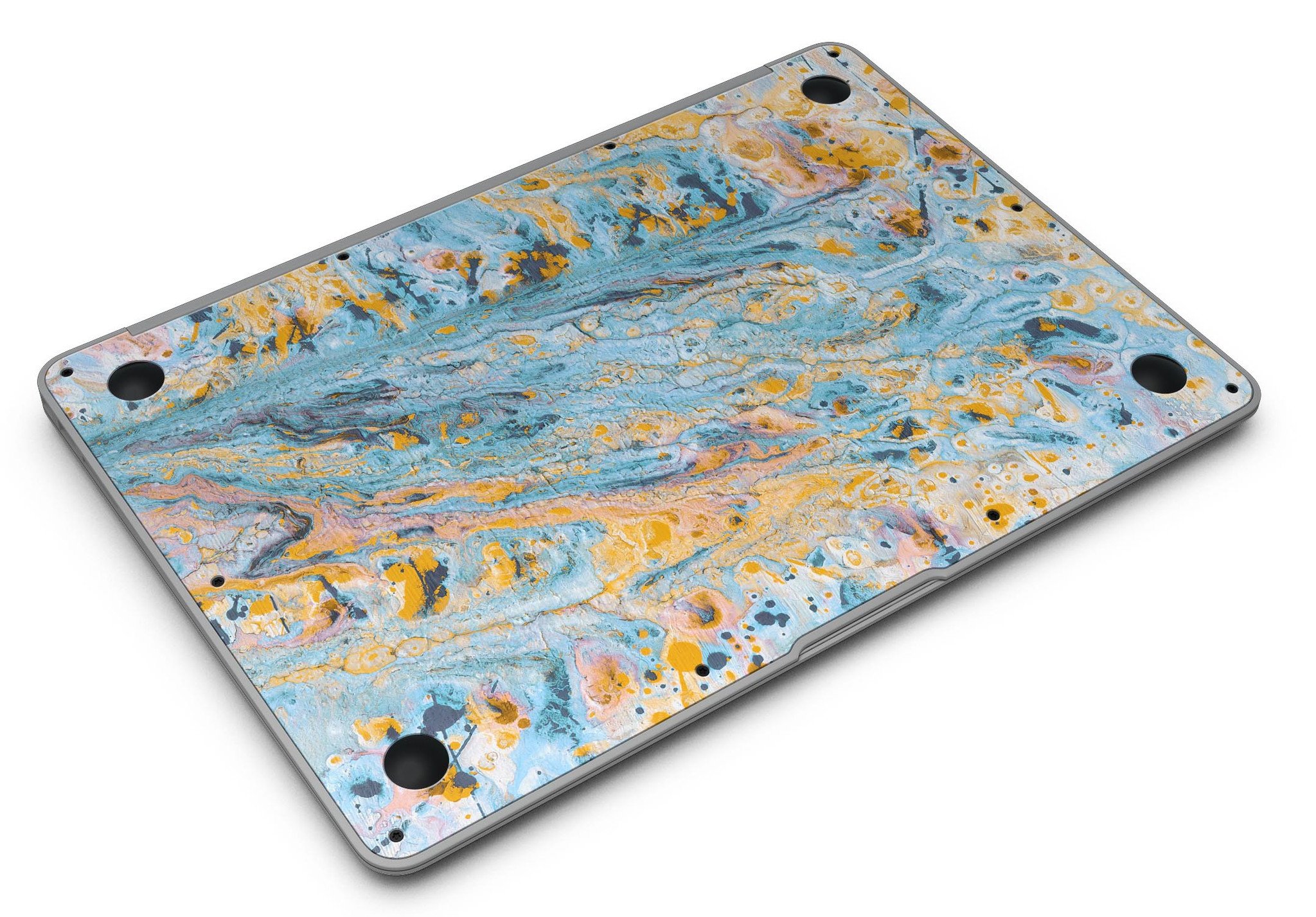 Abstract Wet Paint Teal and Gold skin kit for MacBook Air, showcasing vibrant colors and unique design.