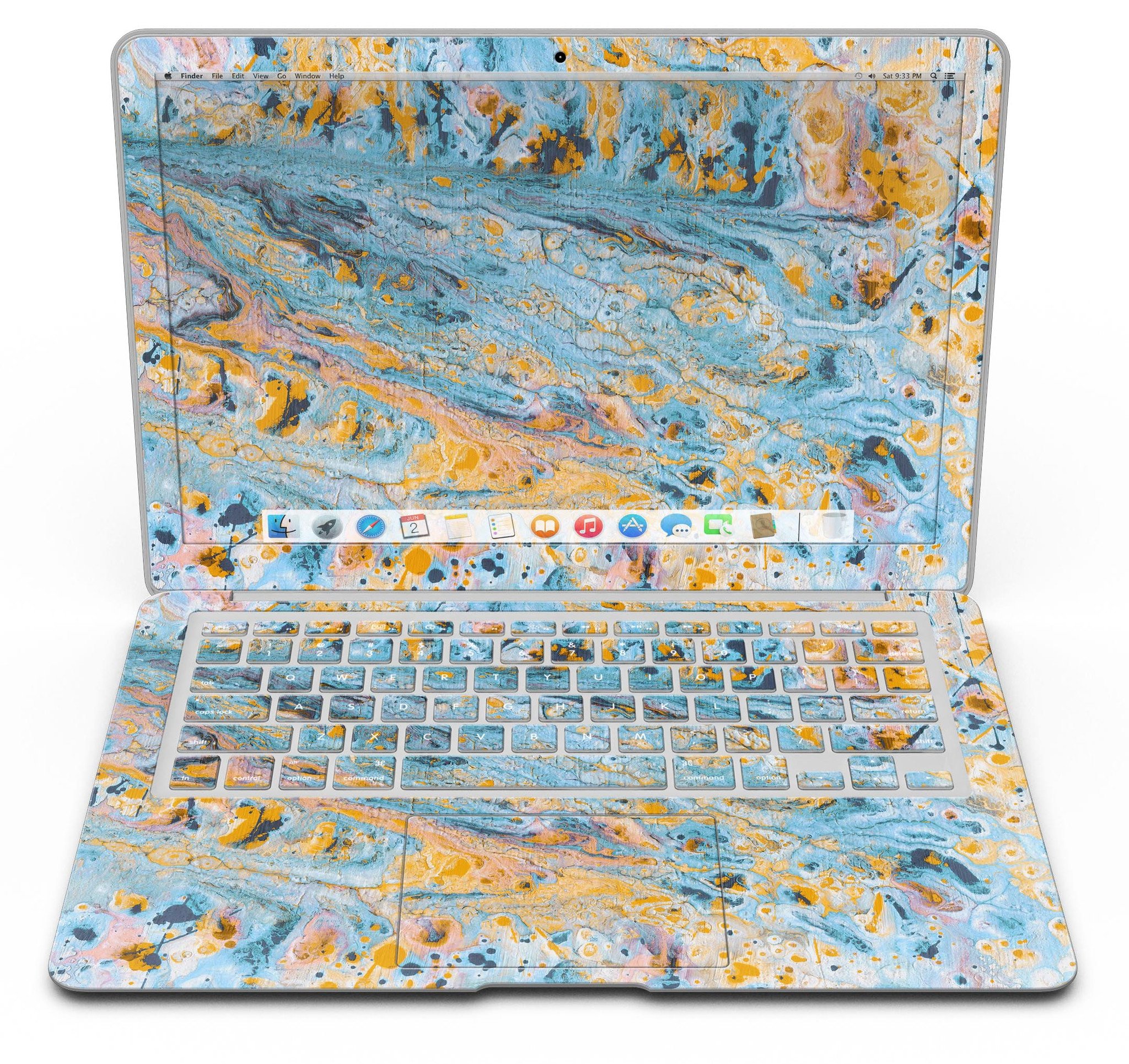 Abstract Wet Paint Teal and Gold skin kit for MacBook Air, showcasing vibrant colors and unique design.