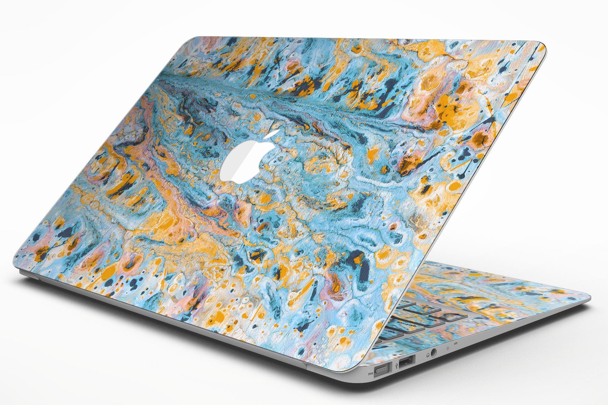 Abstract Wet Paint Teal and Gold skin kit for MacBook Air, showcasing vibrant colors and unique design.