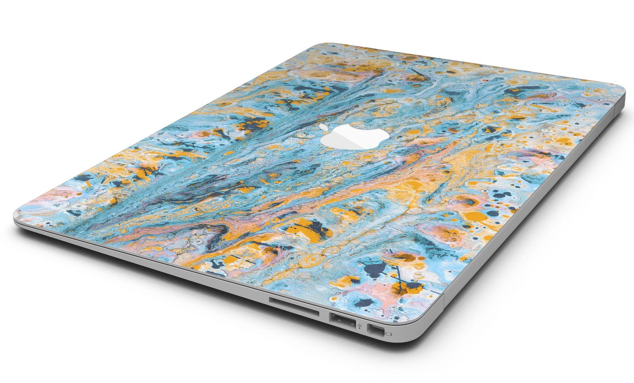 Abstract Wet Paint Teal and Gold skin kit for MacBook Air, showcasing vibrant colors and unique design.