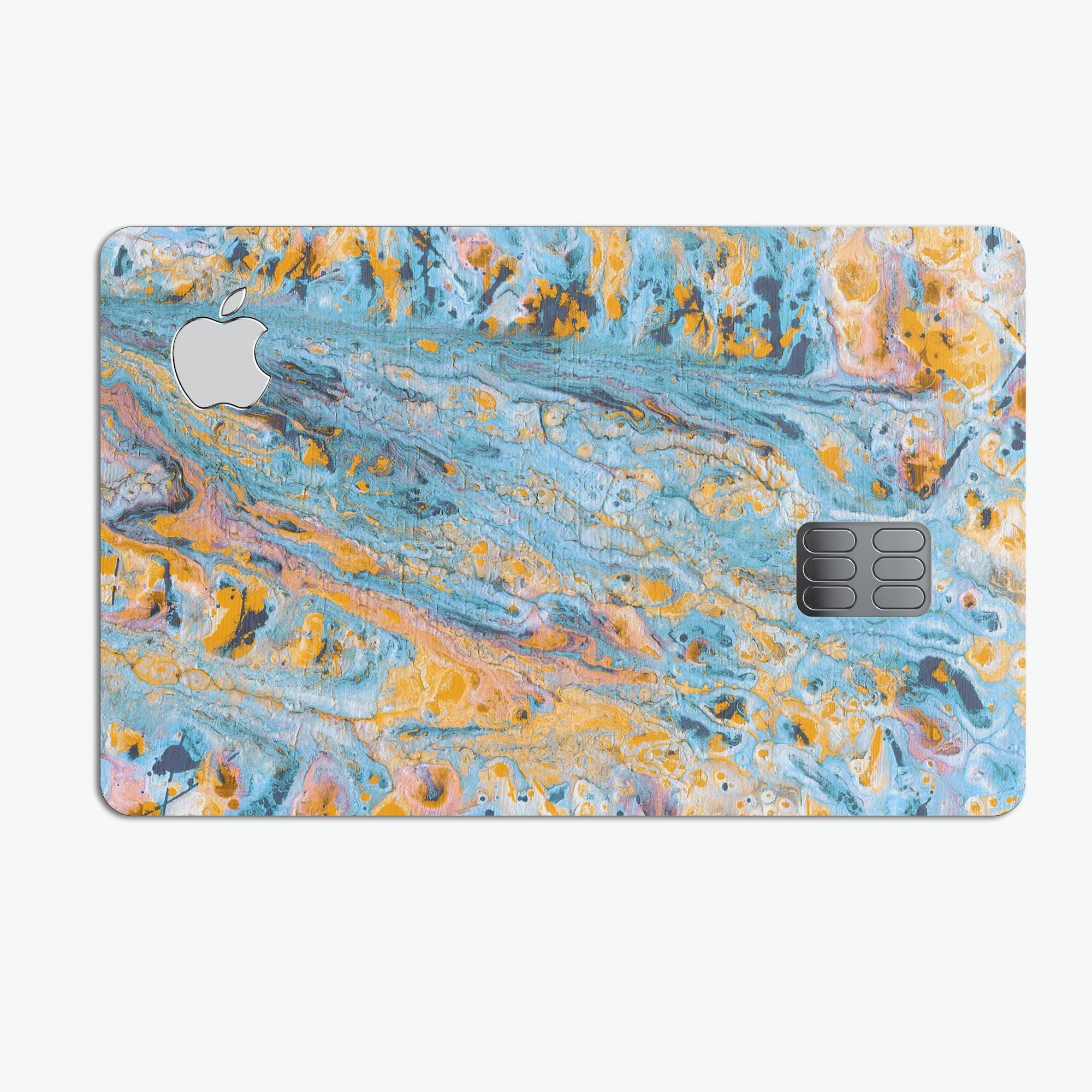 Abstract Wet Paint Teal and Gold skin kit for Apple Card, showcasing vibrant colors and premium vinyl material.