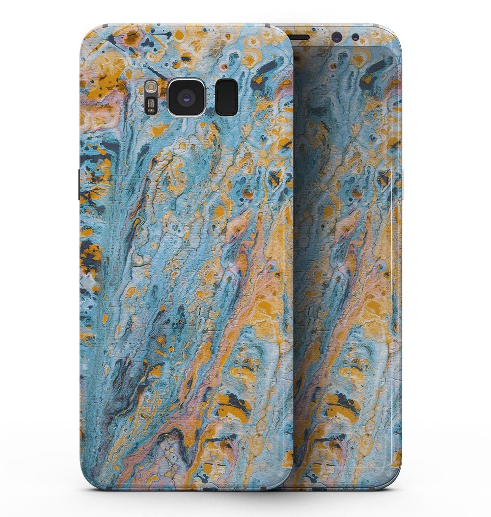 Samsung Galaxy S8 with Abstract Wet Paint Teal and Gold full-body skin, showcasing vibrant colors and sleek design.
