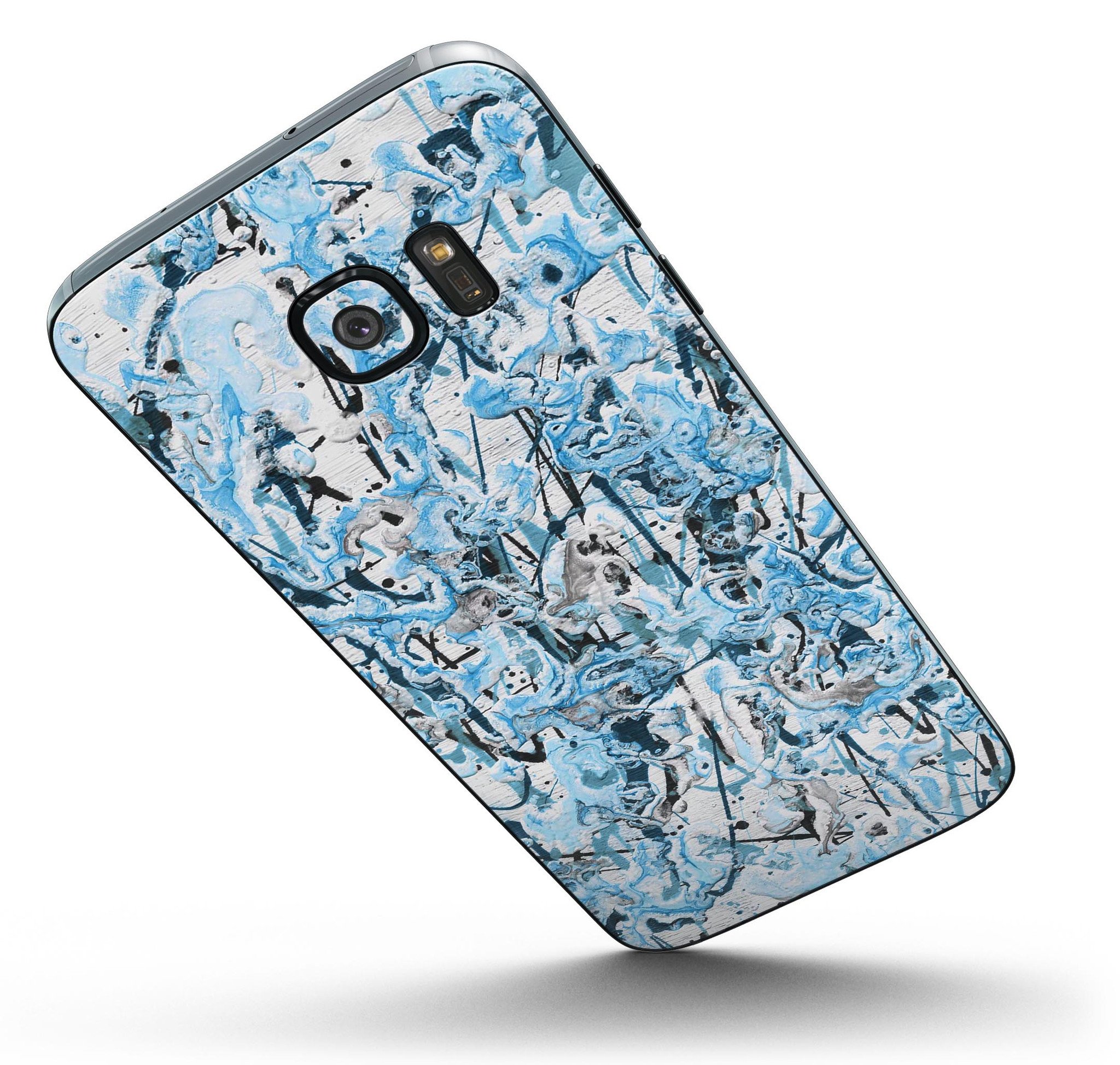Abstract Wet Paint Teal Full Body Skin-Kit for Samsung Galaxy S7, showcasing vibrant colors and premium vinyl material.