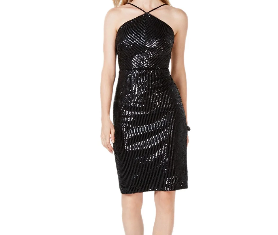 Adrianna Papell Sequin Halter Midi Dress featuring a sleeveless design, elegant sequins, and a flattering midi length.
