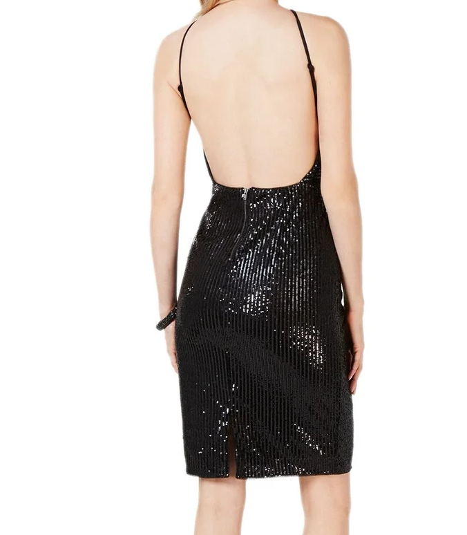 Adrianna Papell Sequin Halter Midi Dress featuring a sleeveless design, elegant sequins, and a flattering midi length.