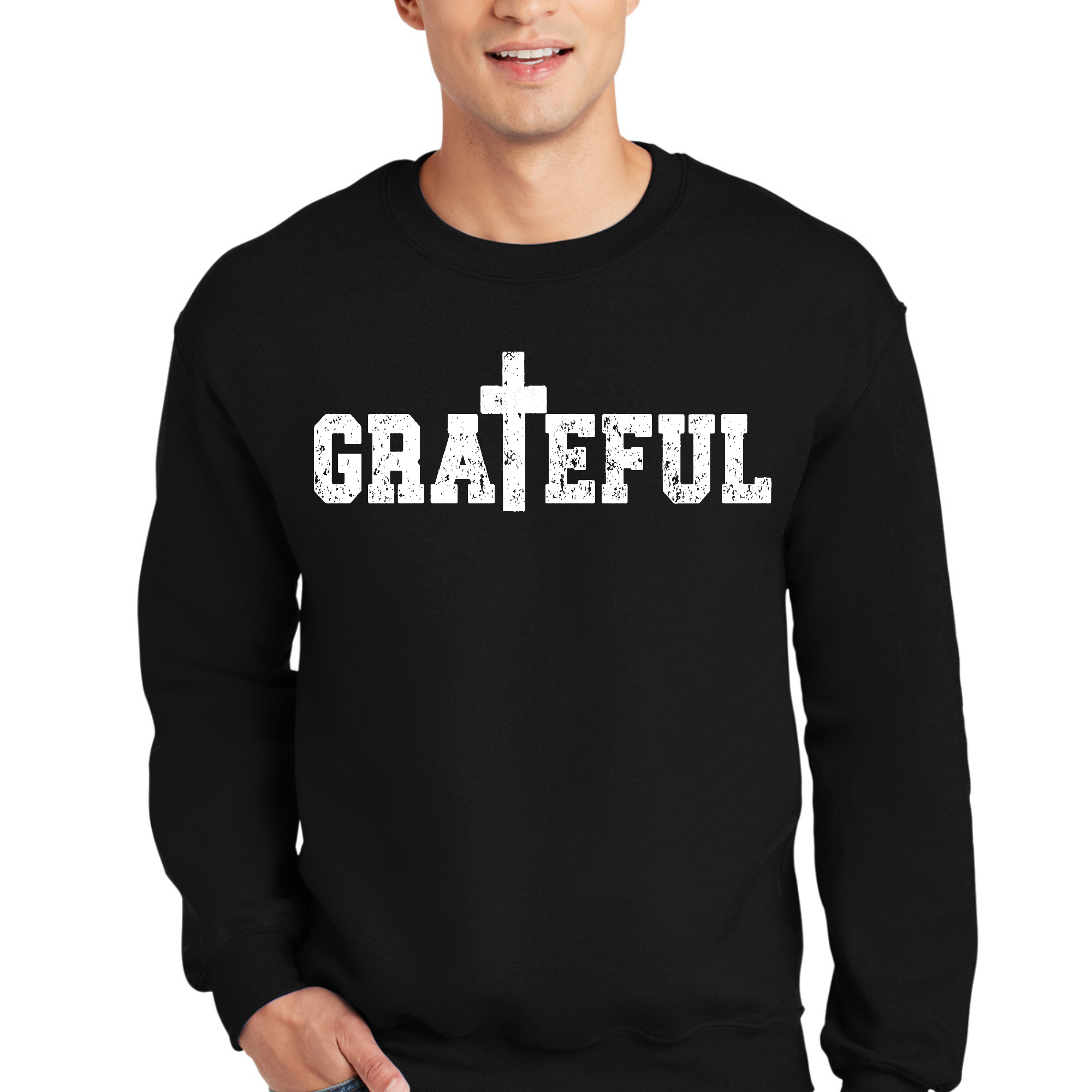 Adult unisex long sleeve sweatshirt featuring grateful Christian inspiration, showcasing a soft fabric and stylish design.