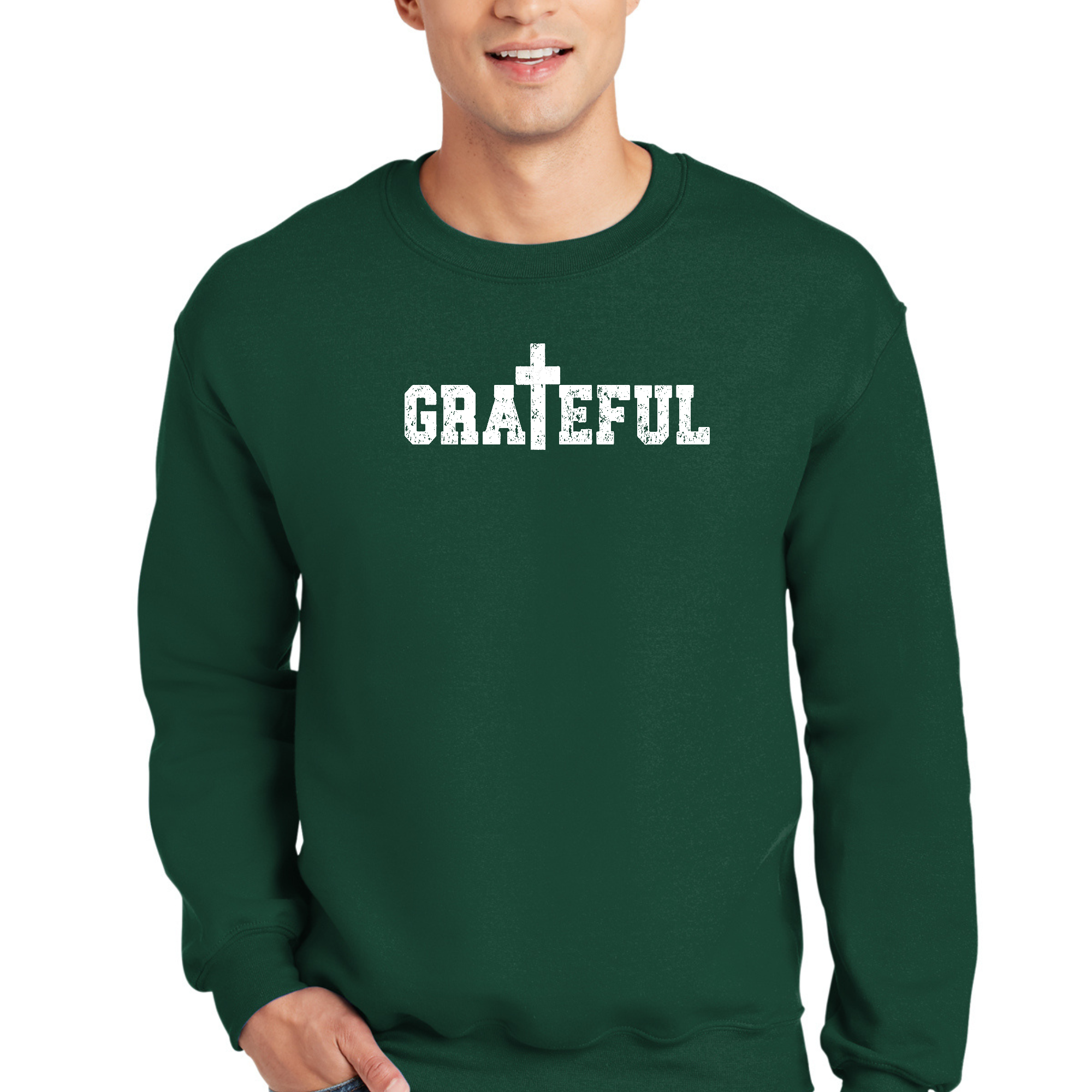 Adult unisex long sleeve sweatshirt featuring grateful Christian inspiration, showcasing a soft fabric and stylish design.
