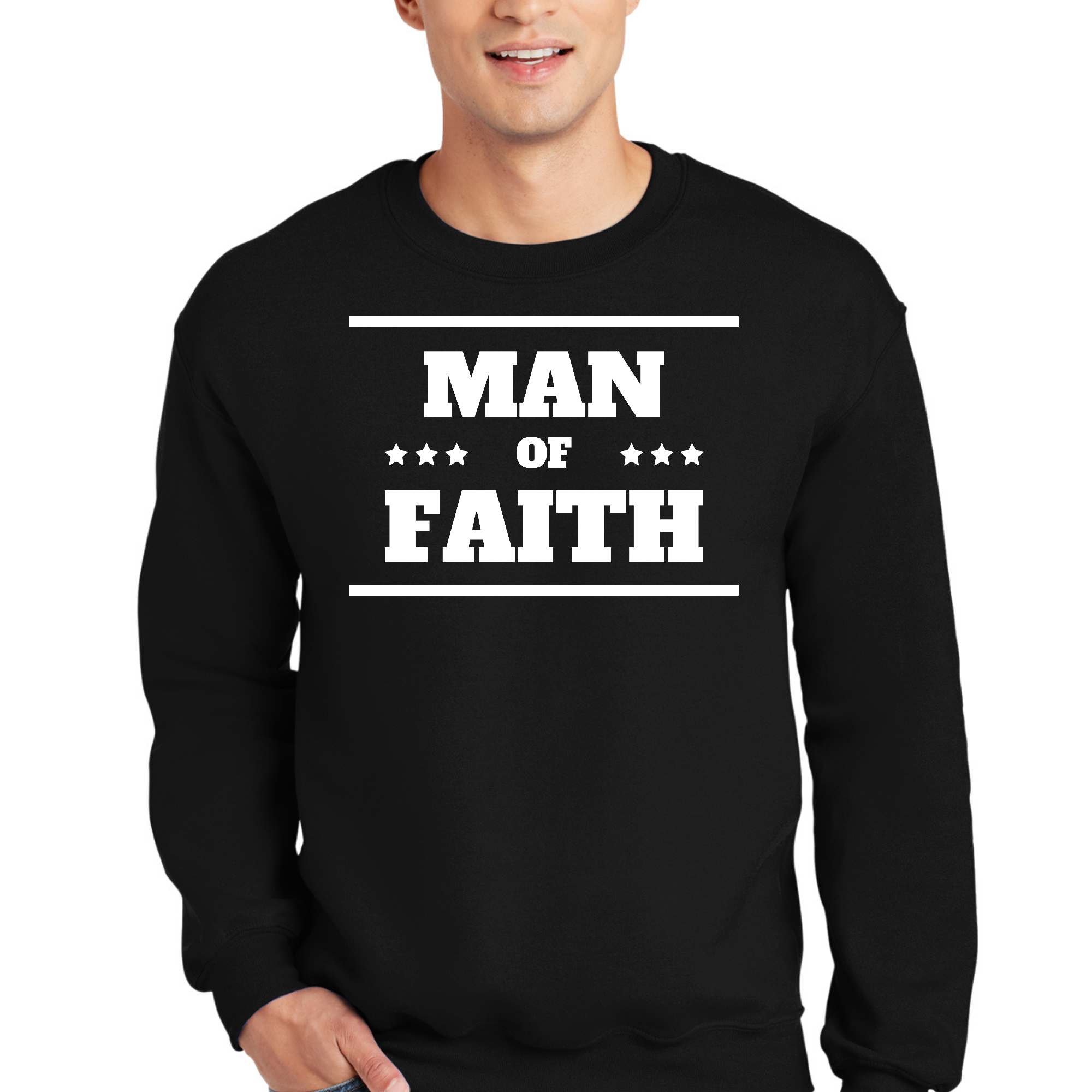 Adult unisex long sleeve sweatshirt featuring a graphic design with the words 'Man Of Faith' in a comfortable fit.