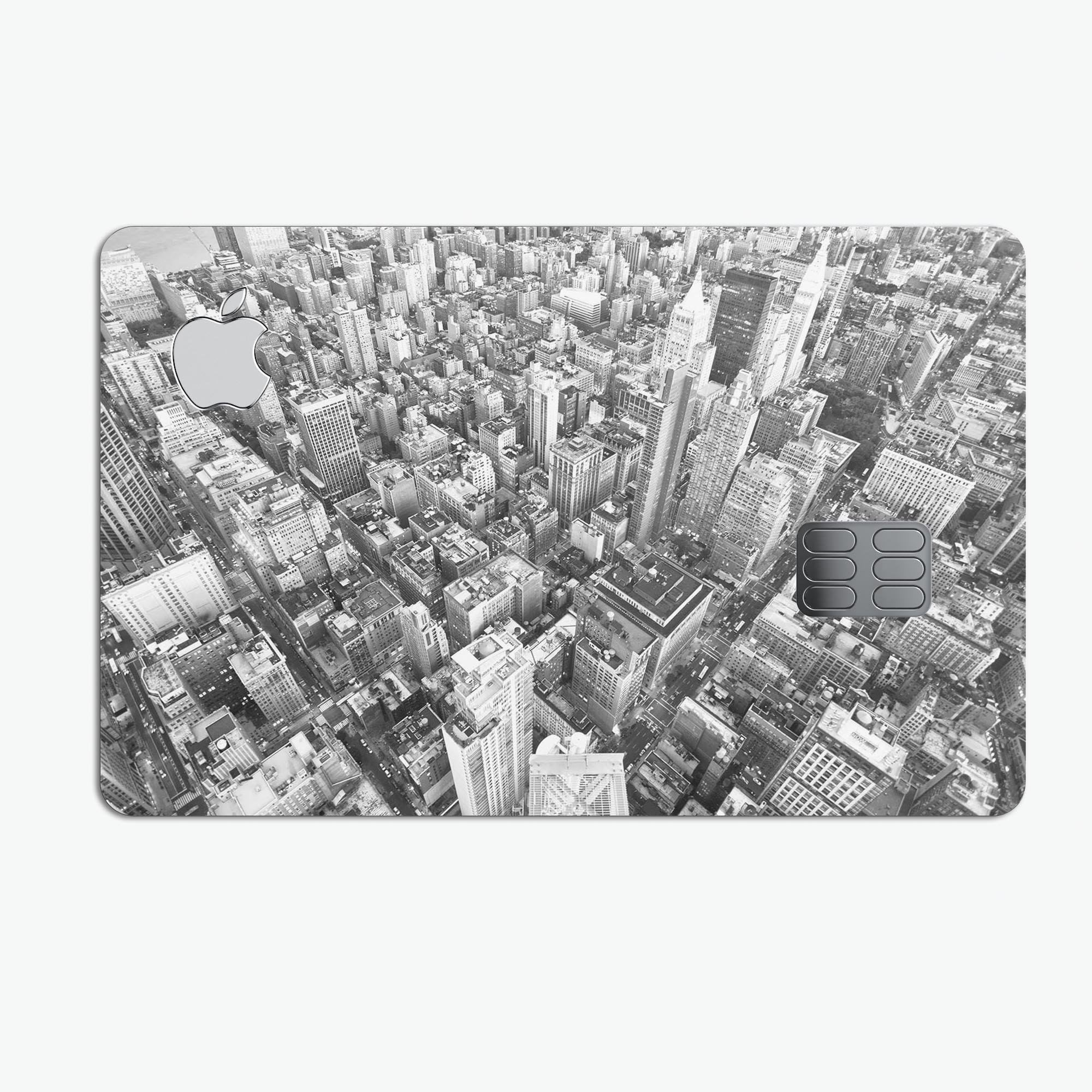 Aerial CityScape Black and White decal skin applied to an Apple Card, showcasing its sleek design and premium finish.