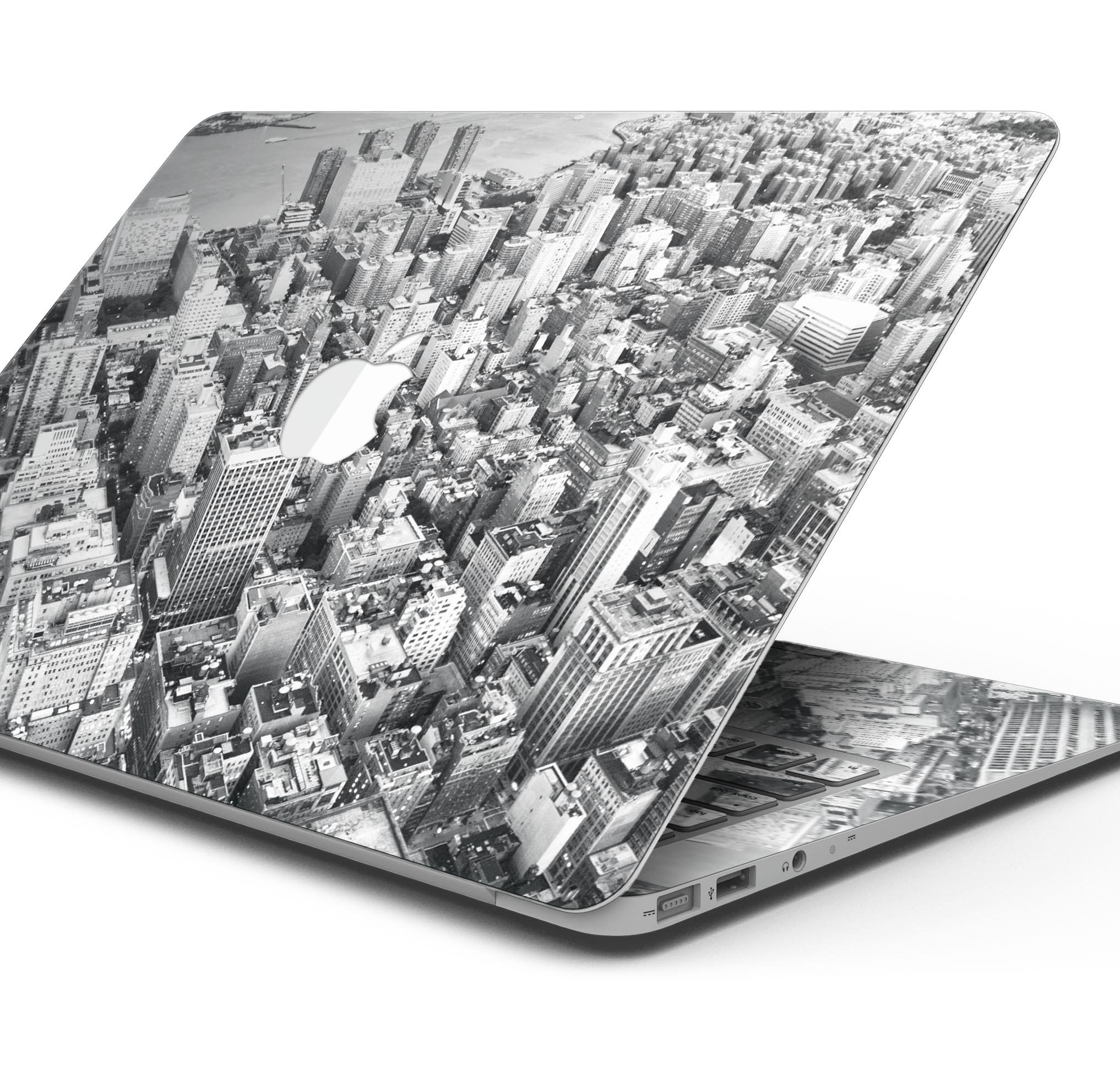 Aerial CityScape Black and White skin decal wrap kit for MacBook, showcasing a stylish design and premium vinyl material.