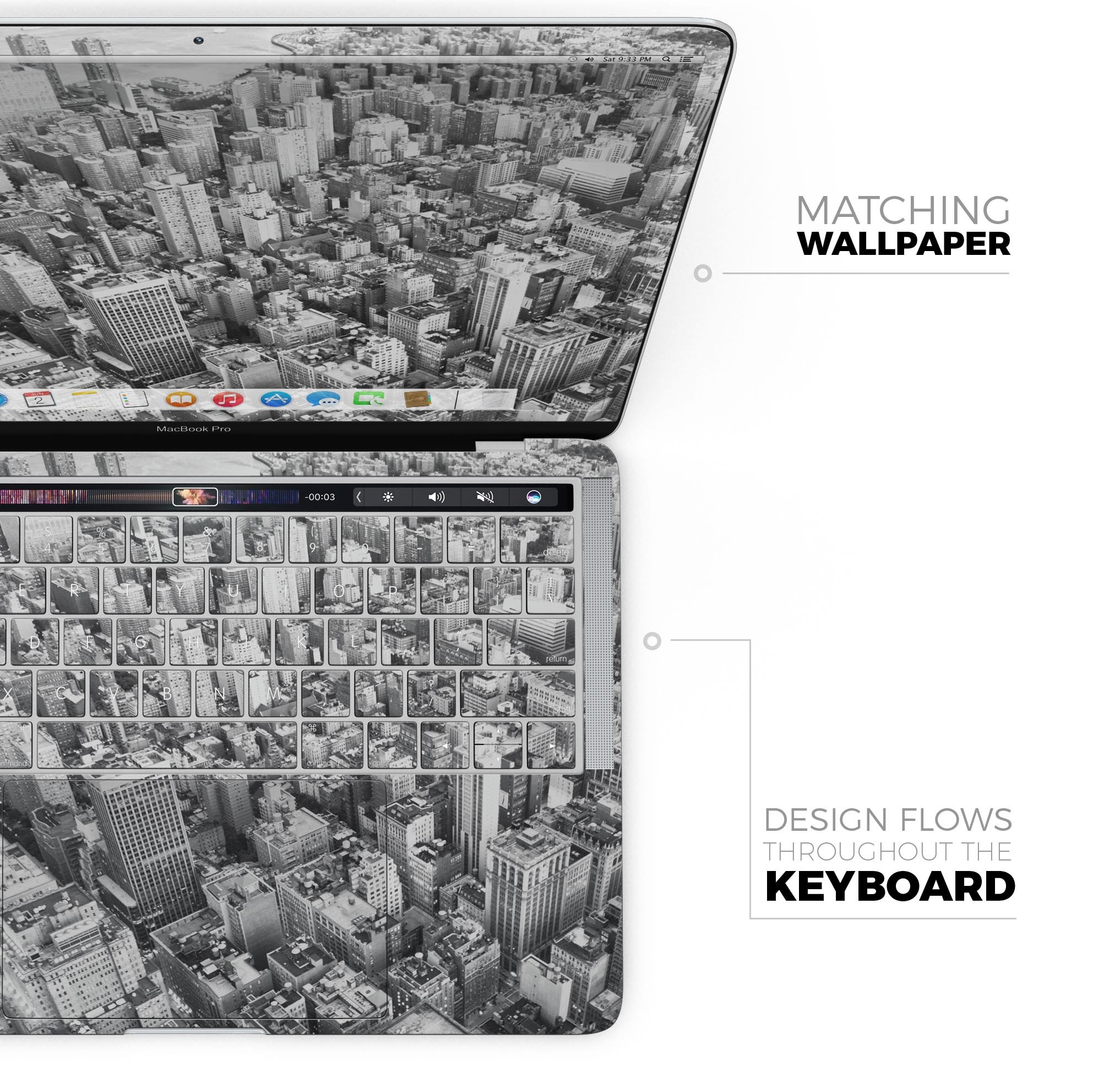 Aerial CityScape Black and White skin decal wrap kit for MacBook, showcasing a stylish design and premium vinyl material.
